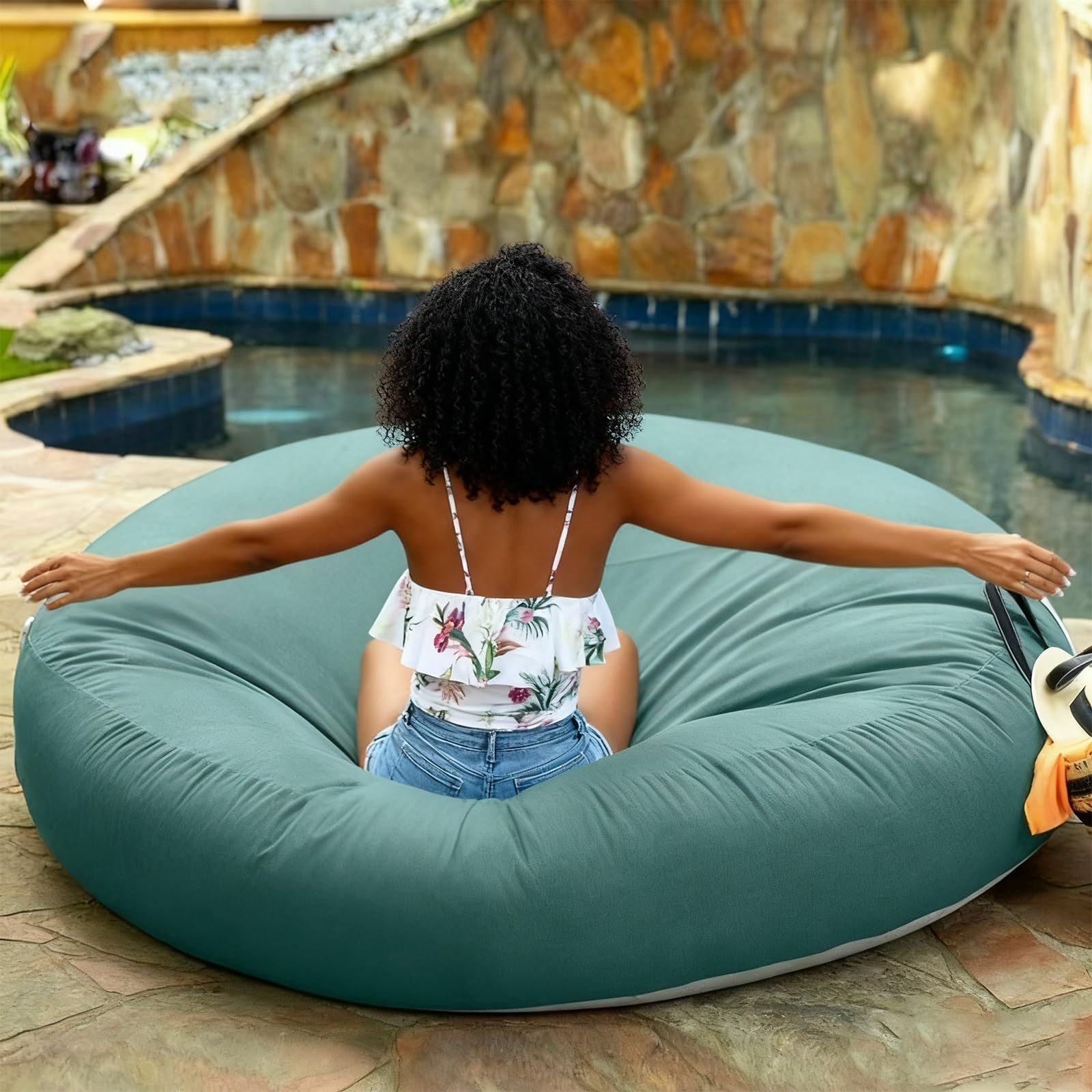 SXBCyan Imperméable Housse de Pouf pour Adultes (sans Rembourrage), Grand Pouf Rond d'extérieur, canapé-lit géant Flottant pour Piscine, Plage, Salon(Dust Beige,D150xH30cm-cover)