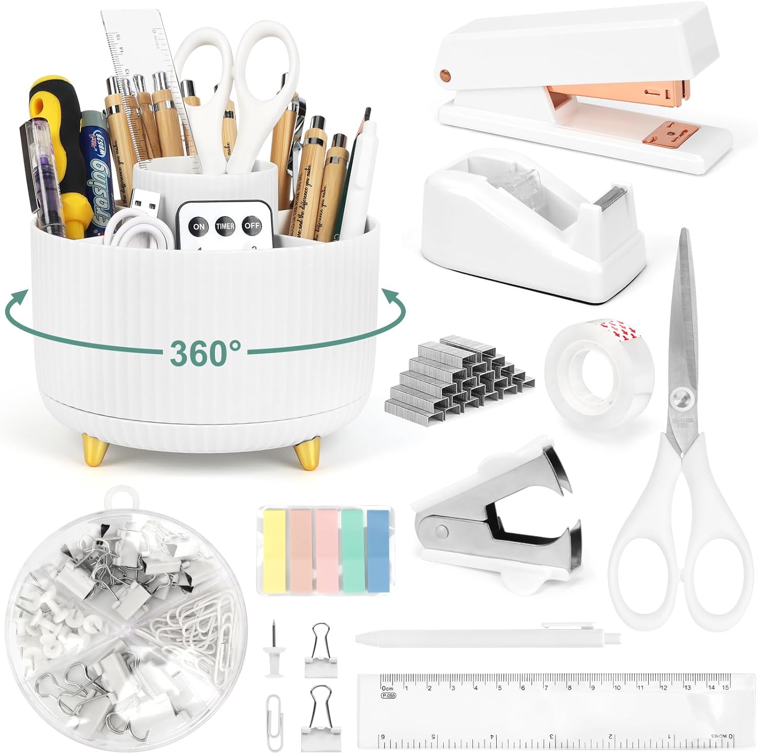 11 Pcs White Desk Accessories, 360 Degree Rotating Pen Holder Set with Stapler Set, Tape Dispenser Set, Scissor, Paper Clips Kit, Pen, Ruler & Sticky Tabs for Office School Home (White)