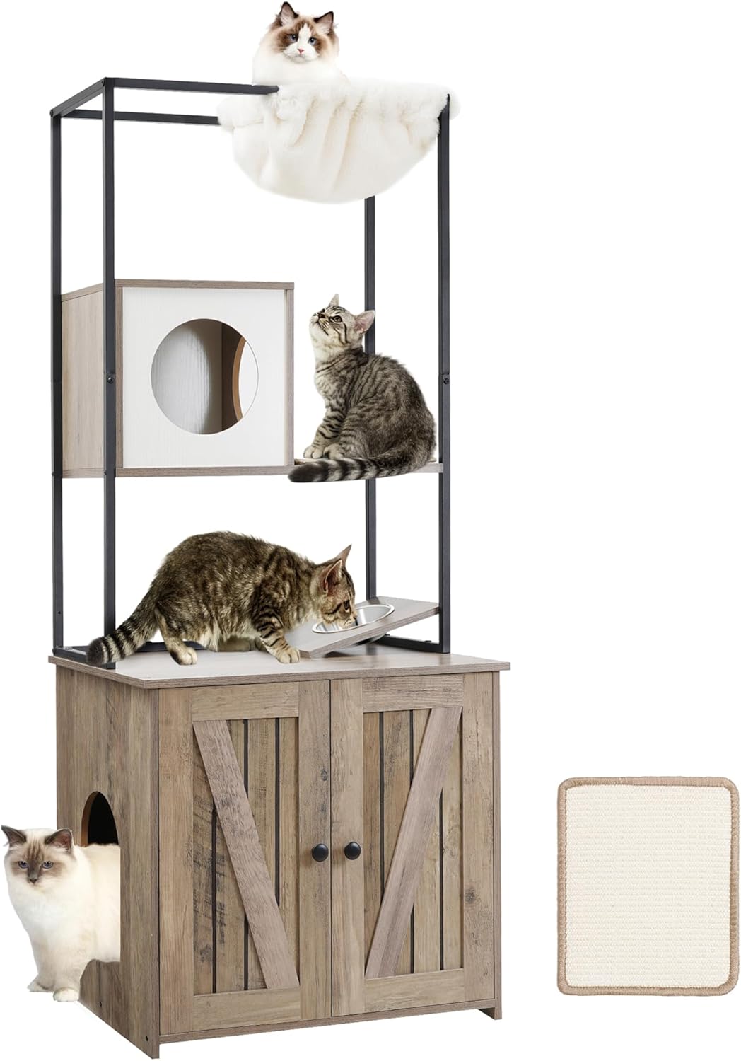 DWANTON Cat Tree with Litter Box Enclosure, All-in-one Modern Cat Tower with Condo, Hammock, Food Station, Scratching Mat, Washable Cushions, Reversible Entrance, 57.9-Inch, Greige 23.6"L x 19.7"W x 57.9"H Greige