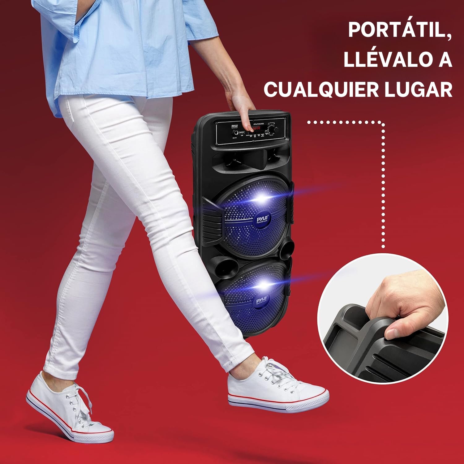 Pyle Sistema de Altavoces, PA, 600W, Bluetooth, Portatil, Recargable, Interiores, Exteriores, Subwoofer de 8”, Tweeter de 1”, función de grabación, micrófono, Luces de Fiesta, Radio USB/SD, Negro