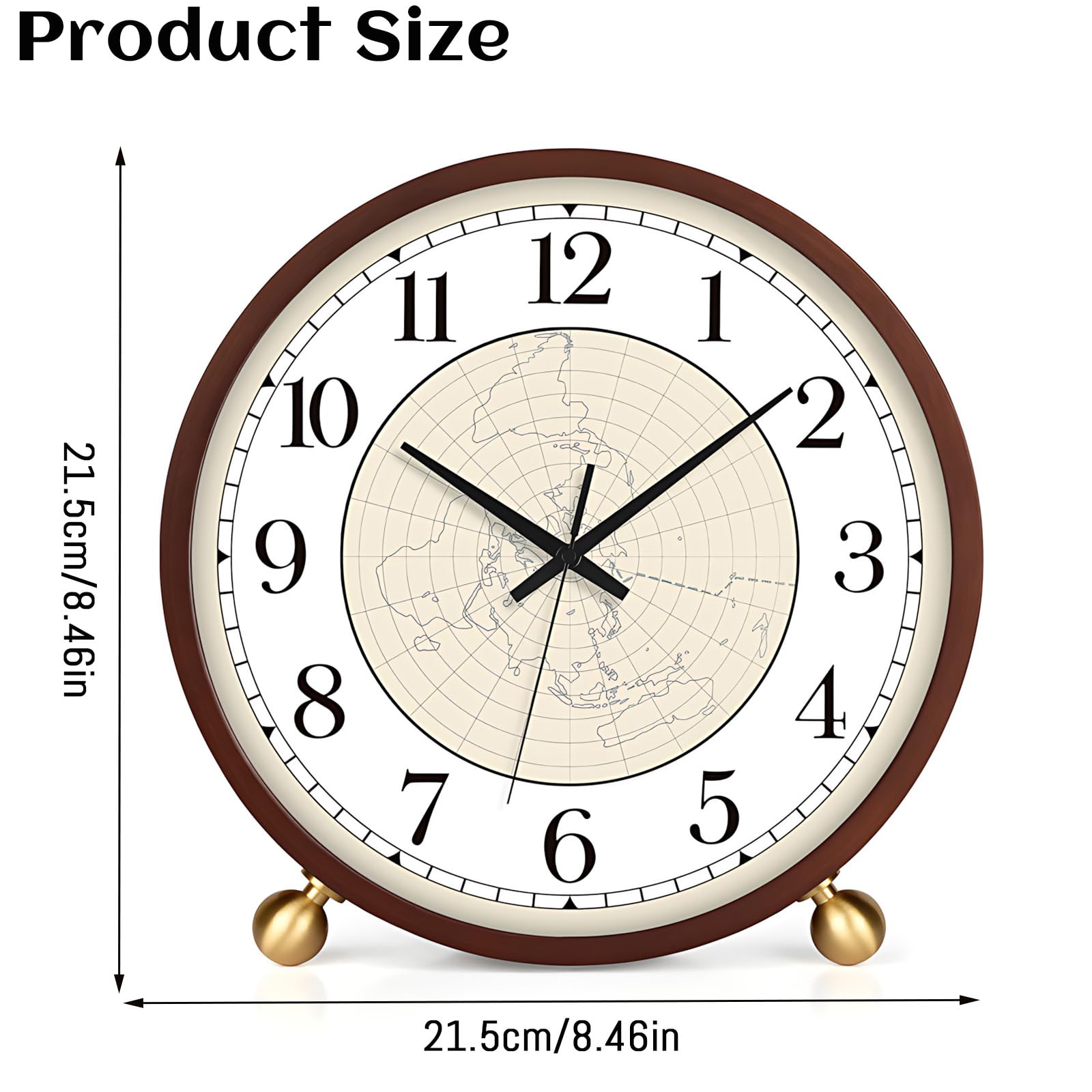 Maxspace Reloj de mesa silencioso de madera de 8 pulgadas, reloj de escritorio, funciona con pilas, reloj redondo para decoración de sala de estar, oficina, dormitorio (nogal - mapa)