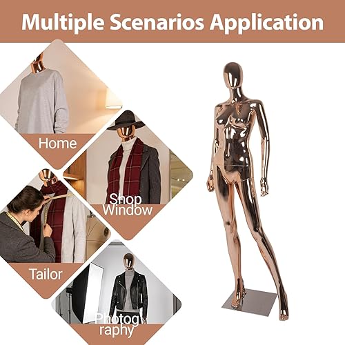 Miniatura 3 de Kinfant Maniquí femenino de cuerpo completo de oro rosa, elegante maniquí femenino alto con base de metal estable, pantalla de forma de vestido de