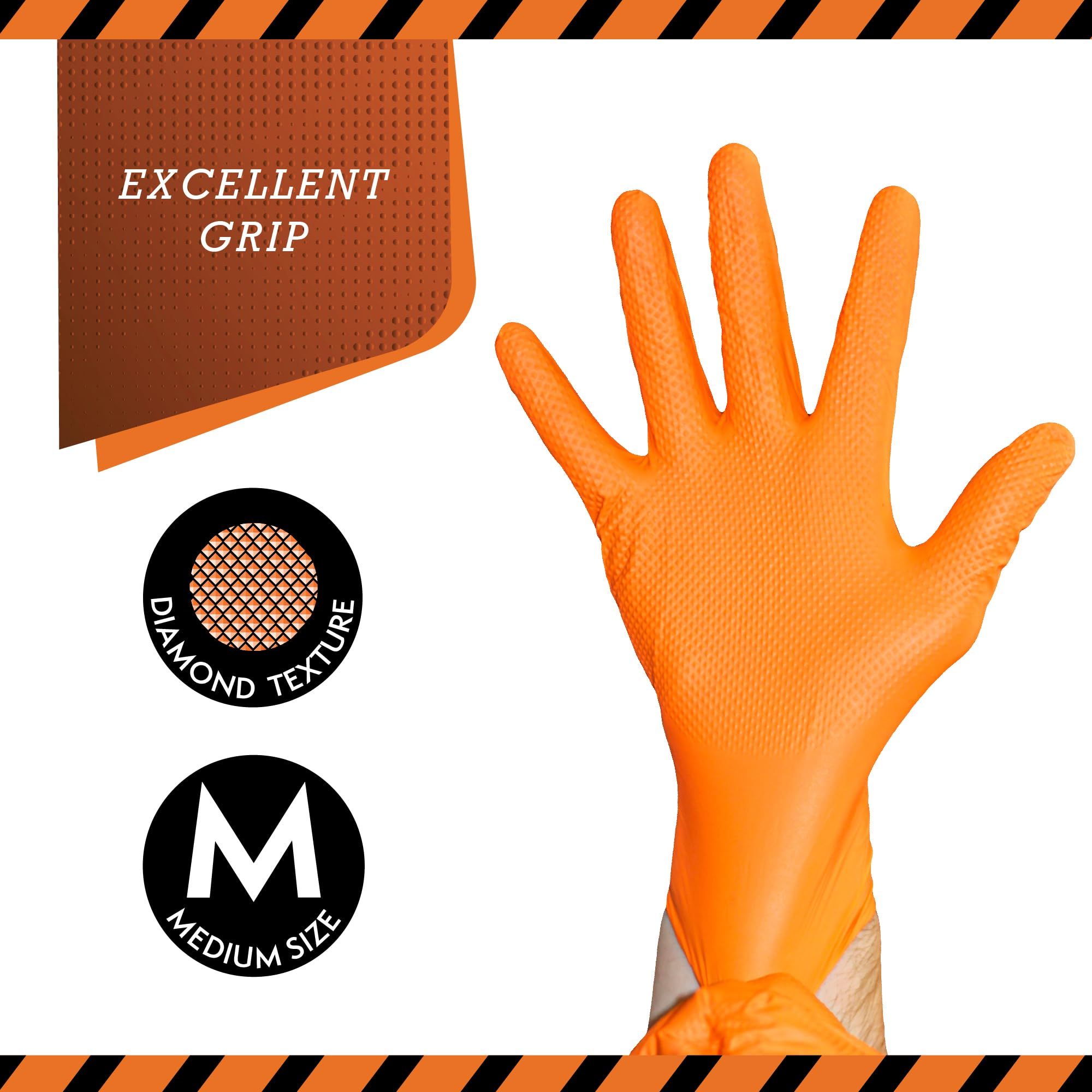 JFA Medical Disposable Heavy Duty Mechanic Powder Free Latex Free Orange Diamond Grip Nitrile Gloves - Box of 50 (Medium) - Image 4