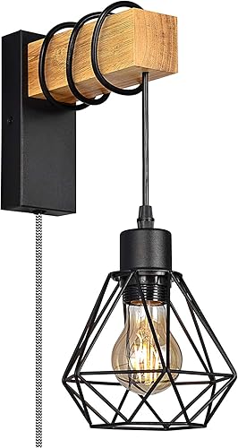 Miniatura 1 de Aplique de pared industrial retro para dormitorio, lámpara de pared colgante de madera con pantalla de jaula, lámpara de pared montada para sala de