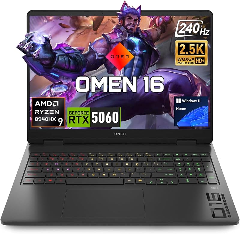 HP Omen Ryzen 9 8940HX & 5060 16" 240Hz Gaming Laptop, 32GB DDR5 + 1TB SSD | WQXGA (2560 * 1600) IPS Display, RJ-45, Webcam Shutter, RGB Backlit Keyboard, Numeric Keypad, Wi-Fi 6, Windows 11 Home