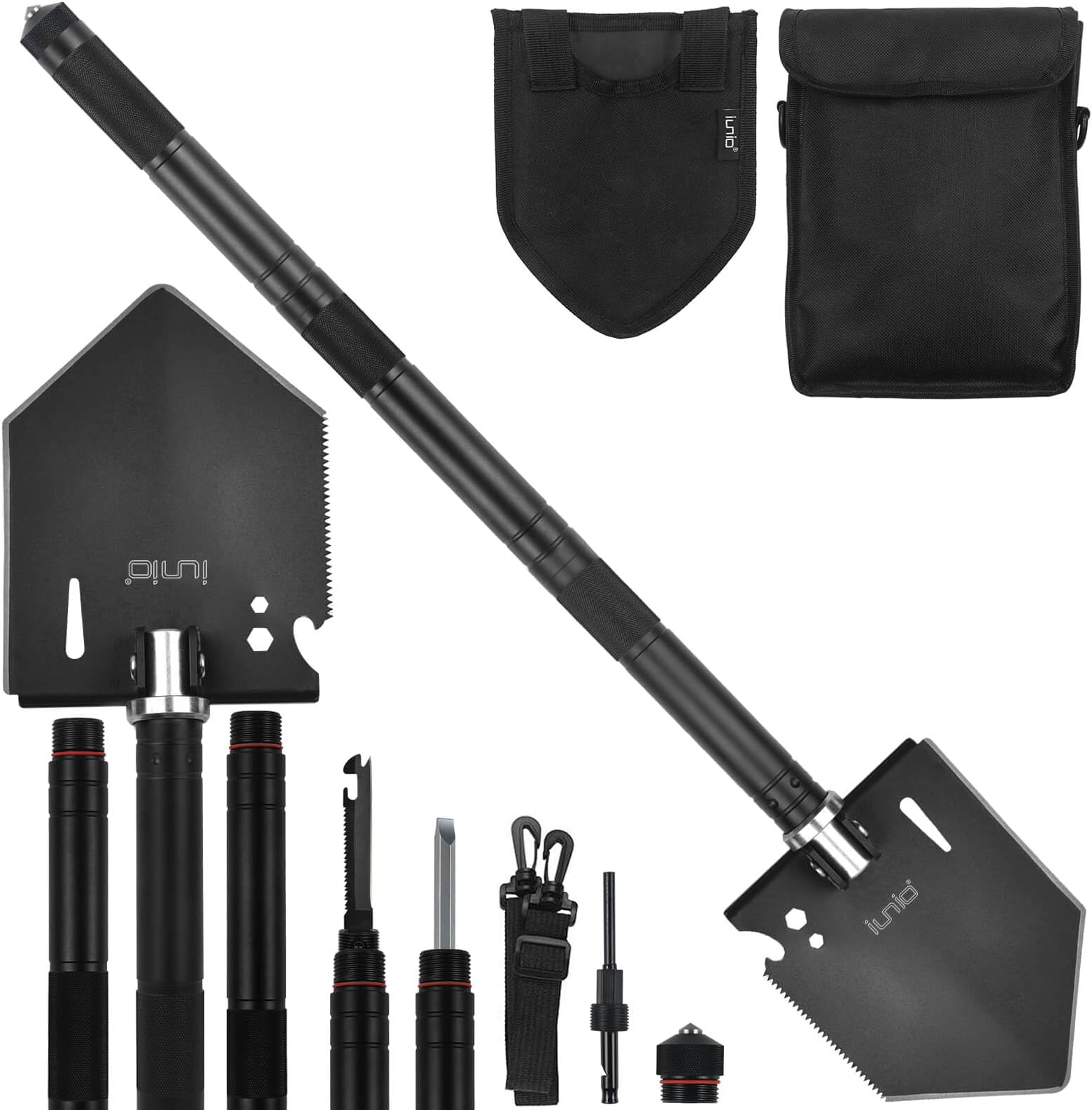 iunio Camping Shovel,Shovel Folding, Portable, Multitool, Foldable Entrenching Tool, Collapsible Spade, for Backpacking, Trenching, Hiking, Survival, Car Emergency