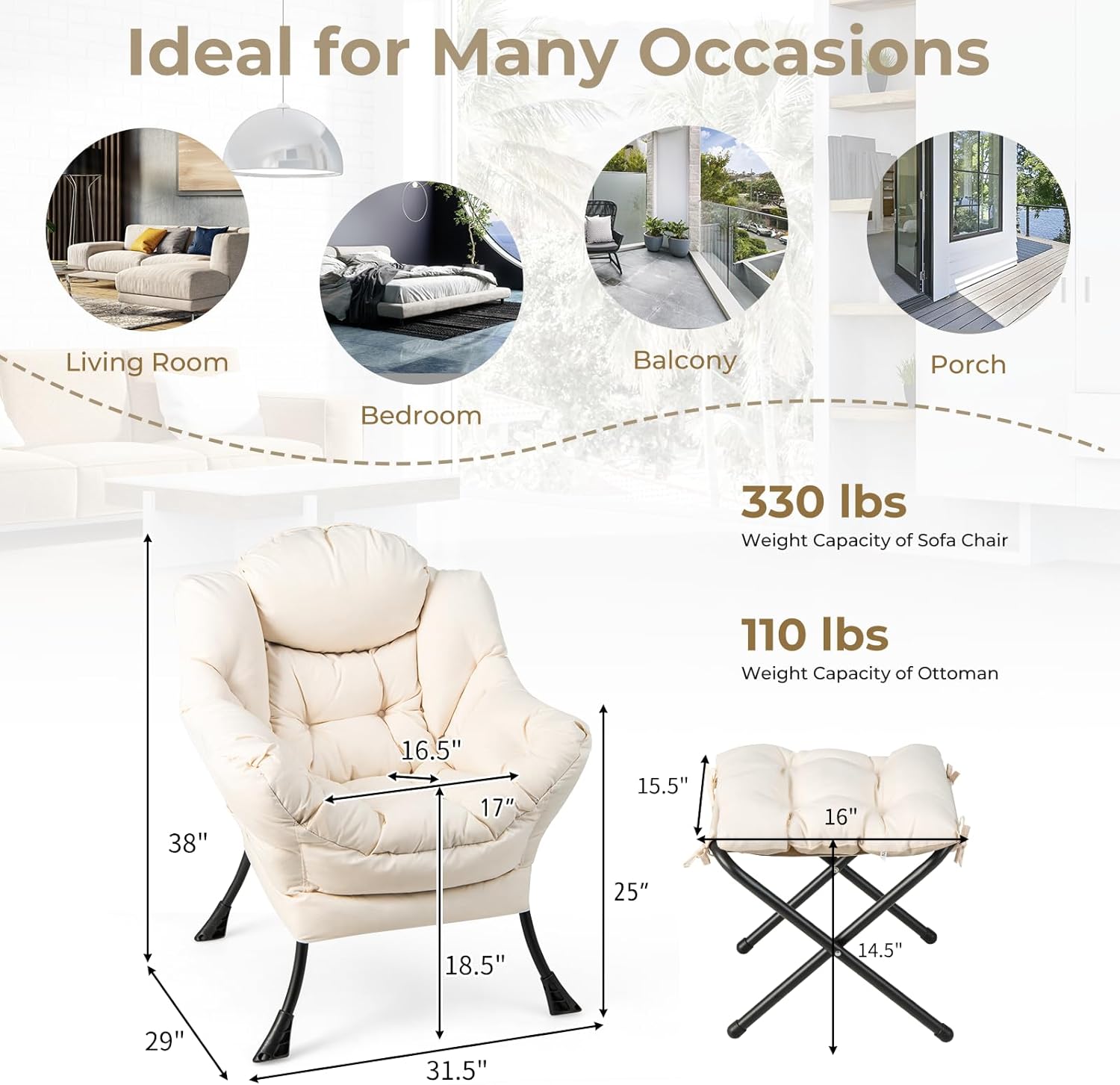 KOMFOTT Lazy Chair with Ottoman Set of 2, Leisure Upholstered Reading Sofa Chair with Armrests & Side Pocket, Modern Lounge Accent Chair with Folding Footrest for Living Room, Bedroom, Balcony, Beige