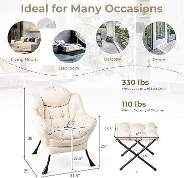 KOMFOTT Lazy Chair with Ottoman Set of 2, Leisure Upholstered Reading Sofa Chair with Armrests & Side Pocket, Modern Lounge Accent Chair with Folding Footrest for Living Room, Bedroom, Balcony, Beige