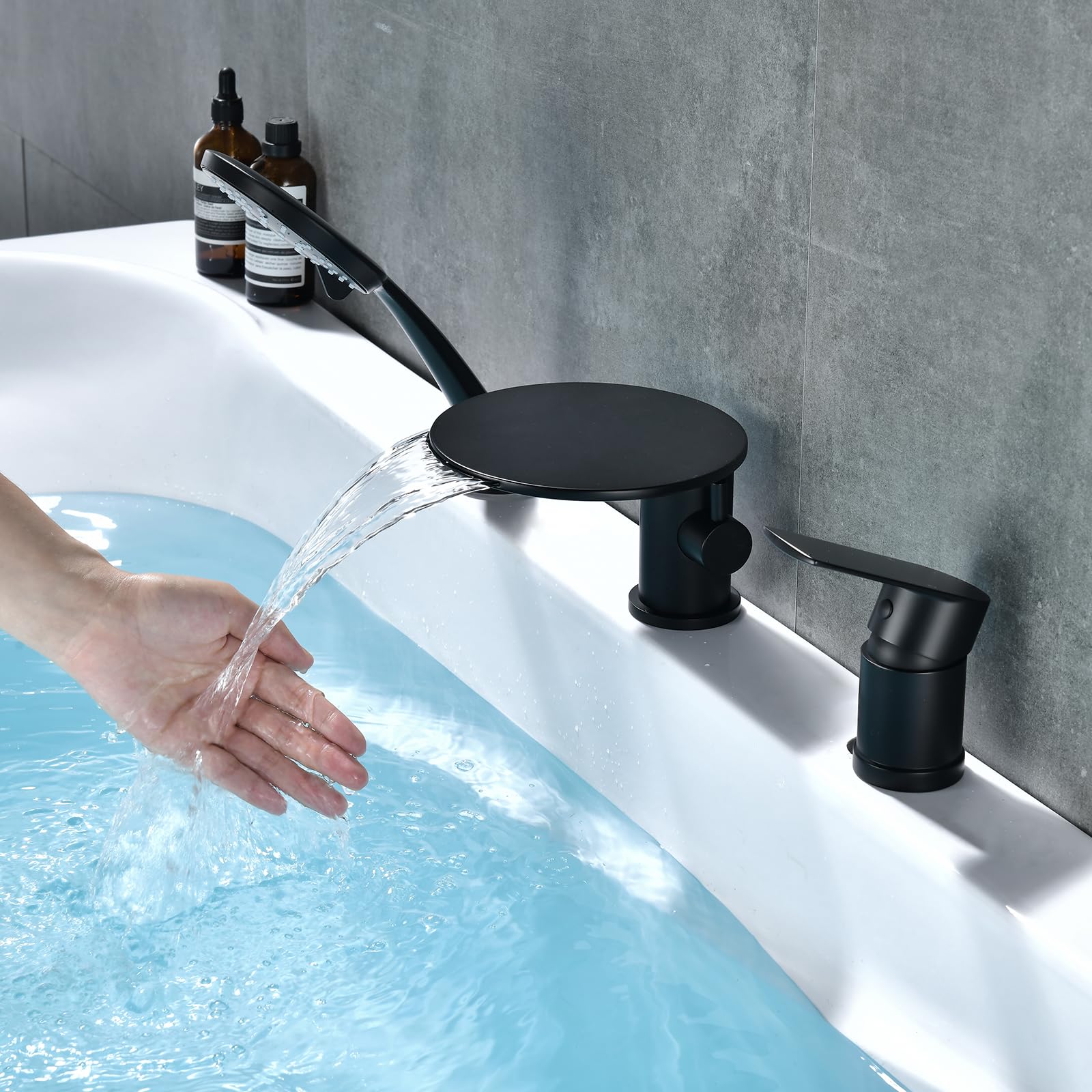 SnamicE Deck Mounted Bath Mixer Tap Matt Black Round Waterfall Bath Shower Mixer Tap Single Lever Bathtub Taps,Black