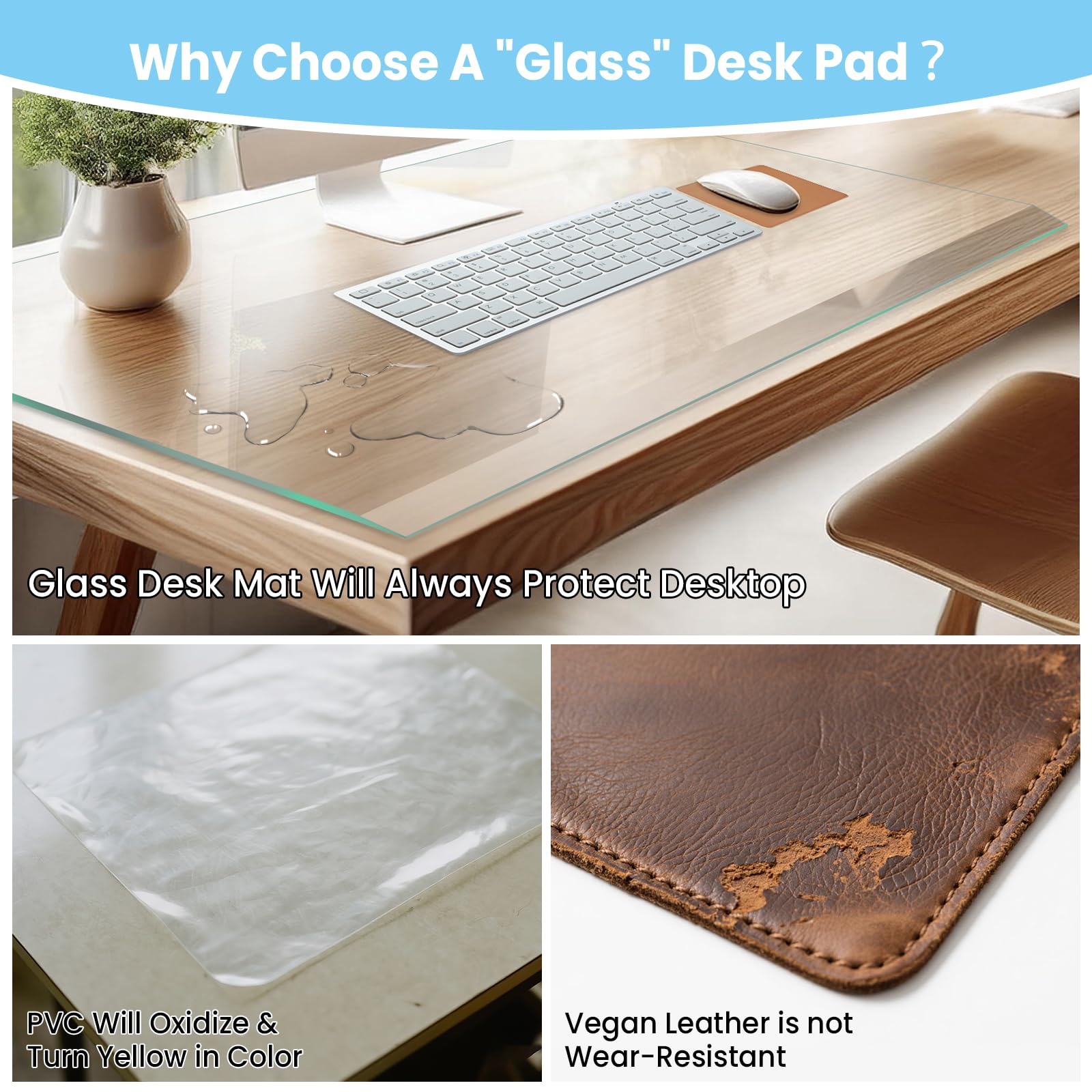 Schreibtischunterlage aus gehärtetem Glas mit abgeschrägten Kanten, 81,3 x 50,8 cm, transparente Schreibtischunterlage für Tastatur und Computer-Monitor, Glas-Schreibtischunterlage für den