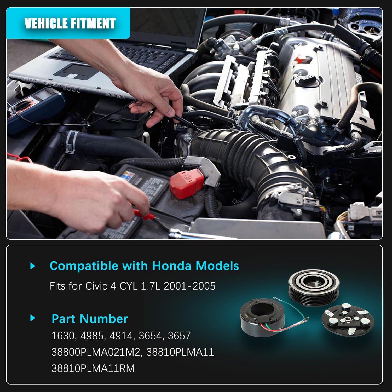 A/C Compressor Clutch Kit Pulley Coil Fit for Honda Civic 4 CYL 1.7L 2001-2005 1630 AC Air Conditioning Compressor Aftermarket Automotive Parts Replacement OE#4985, 4914, 3654, 3657