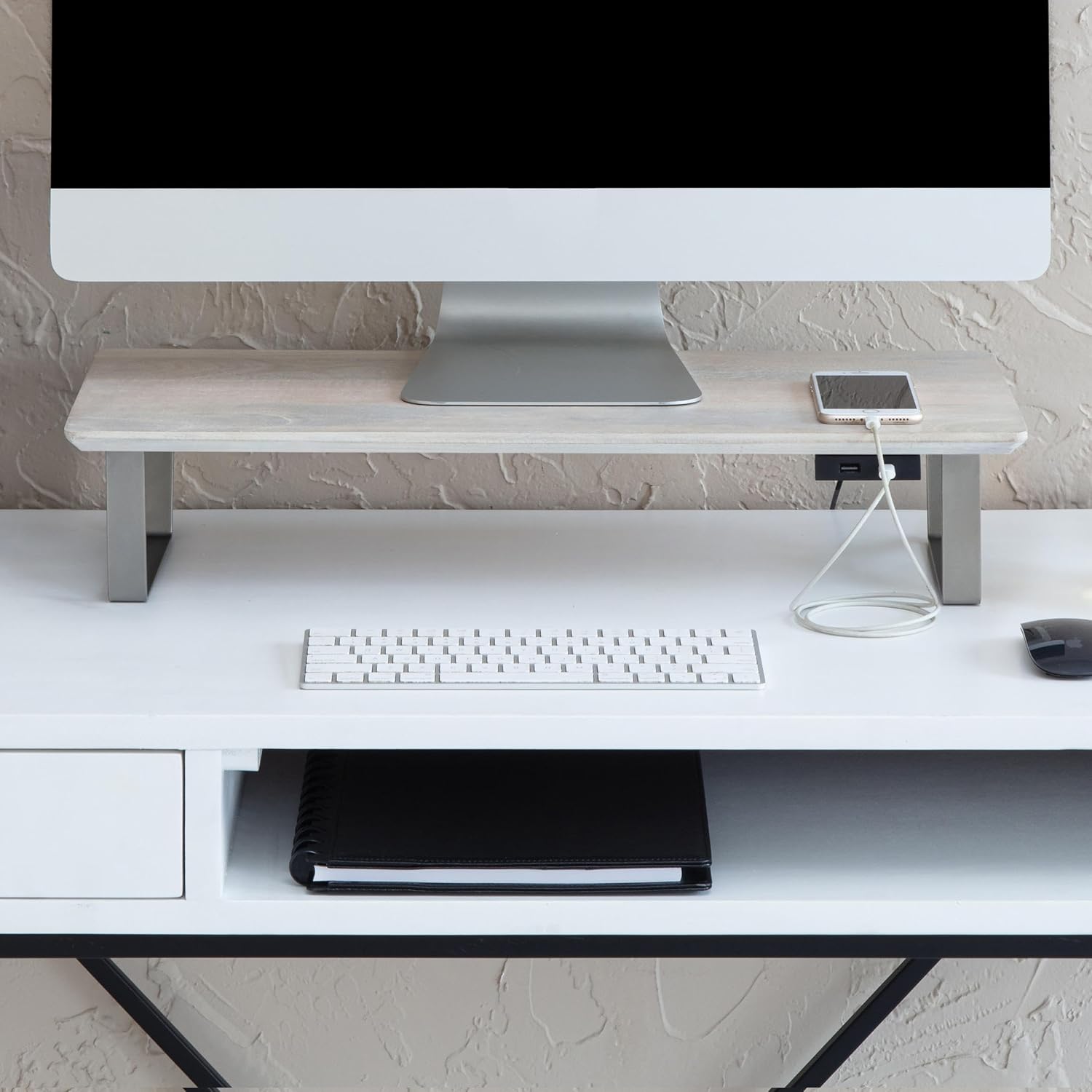 Anji Mountain Monitor Stand - Desktop Organizer & Laptop Riser, Ergonomic Monitor Riser, Space-Saving Monitor Stand for Desk, Durable Construction, Easy Assembly, Ideal for Home & Office,White Wash