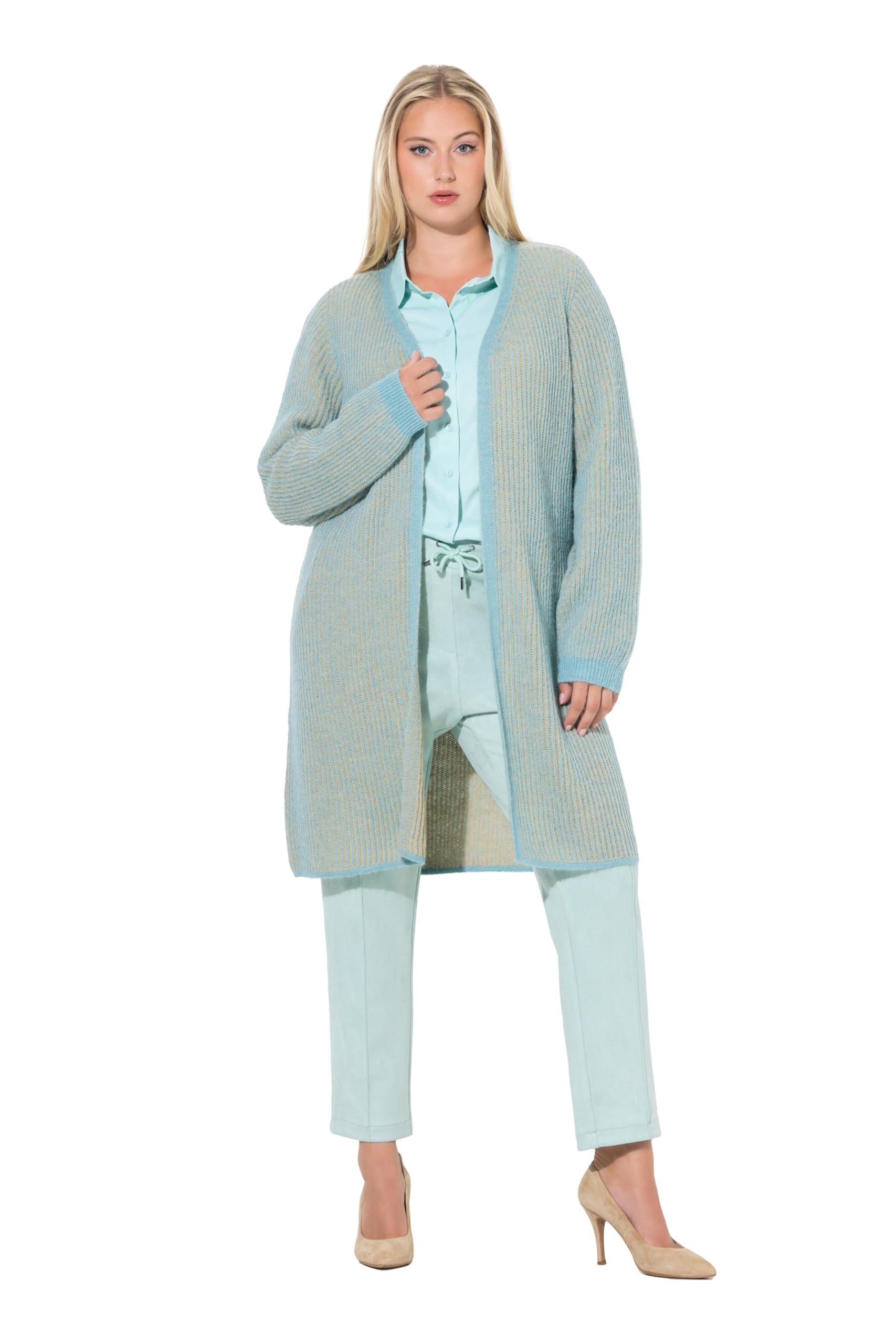 Ulla Popken Damen große Größen Übergrößen Plus Size Long-Strickjacke, Doubleface-Rippstrick, V-Ausschnitt 845113