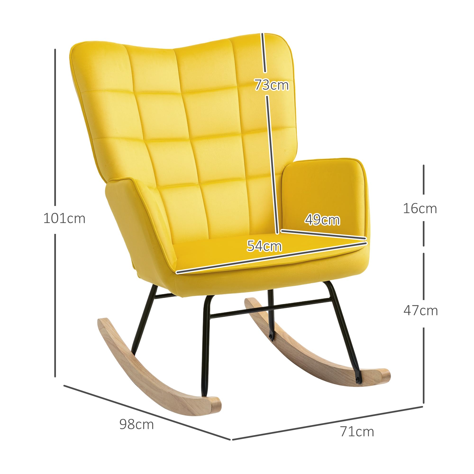 HOMCOM Fauteuil à Bascule Rocking Chair Velours Acier Pieds Bois Massif Jaune