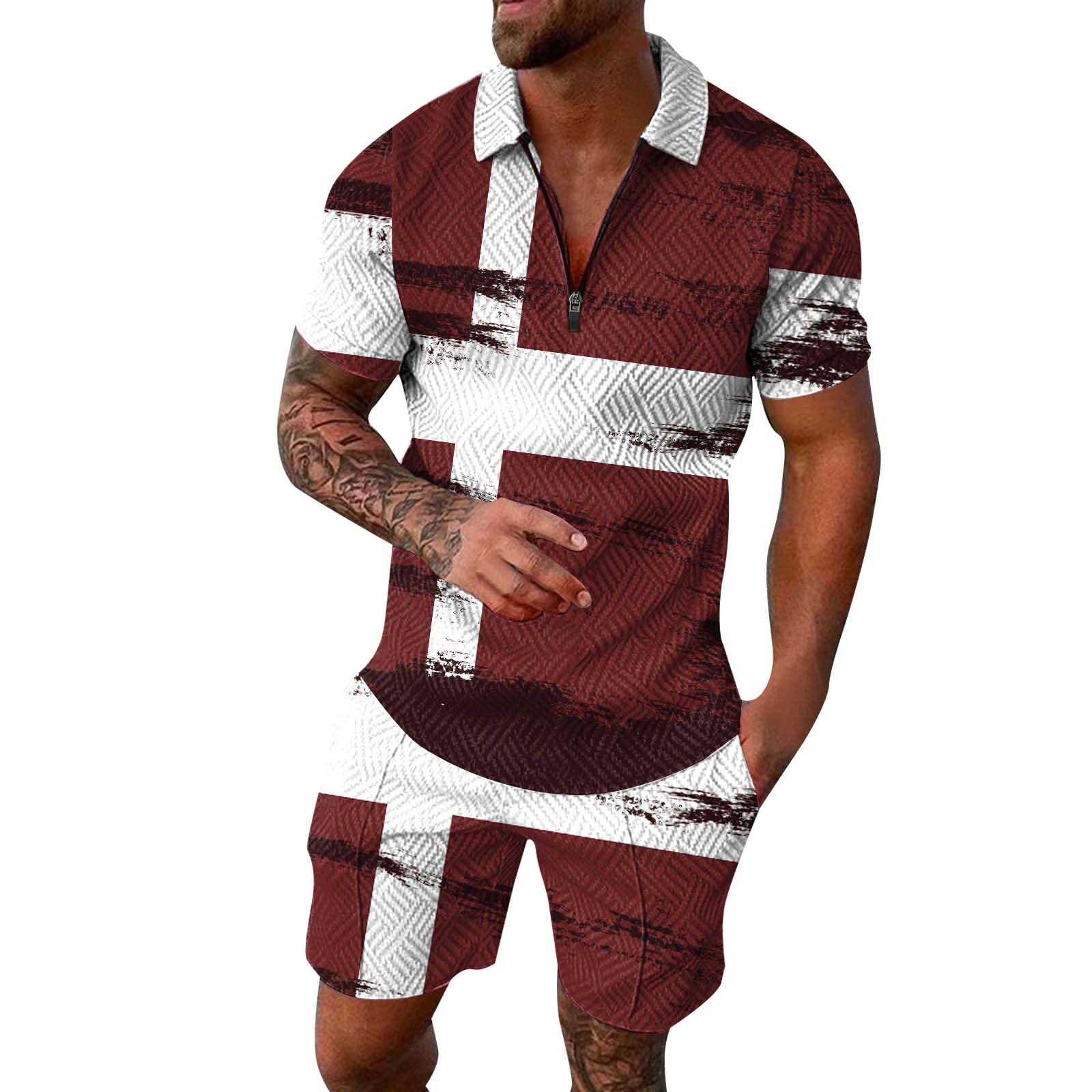Blandoom2024 Short Sleeve Casual Tops Polo Collar Fashion Set Hawaiian Mens Tracksuit Set Mens Tracksuit Set Men's 3D Short Sleeve Suit Top Bottom Set UK Sizes S-2Xl Available In Plus Sizes