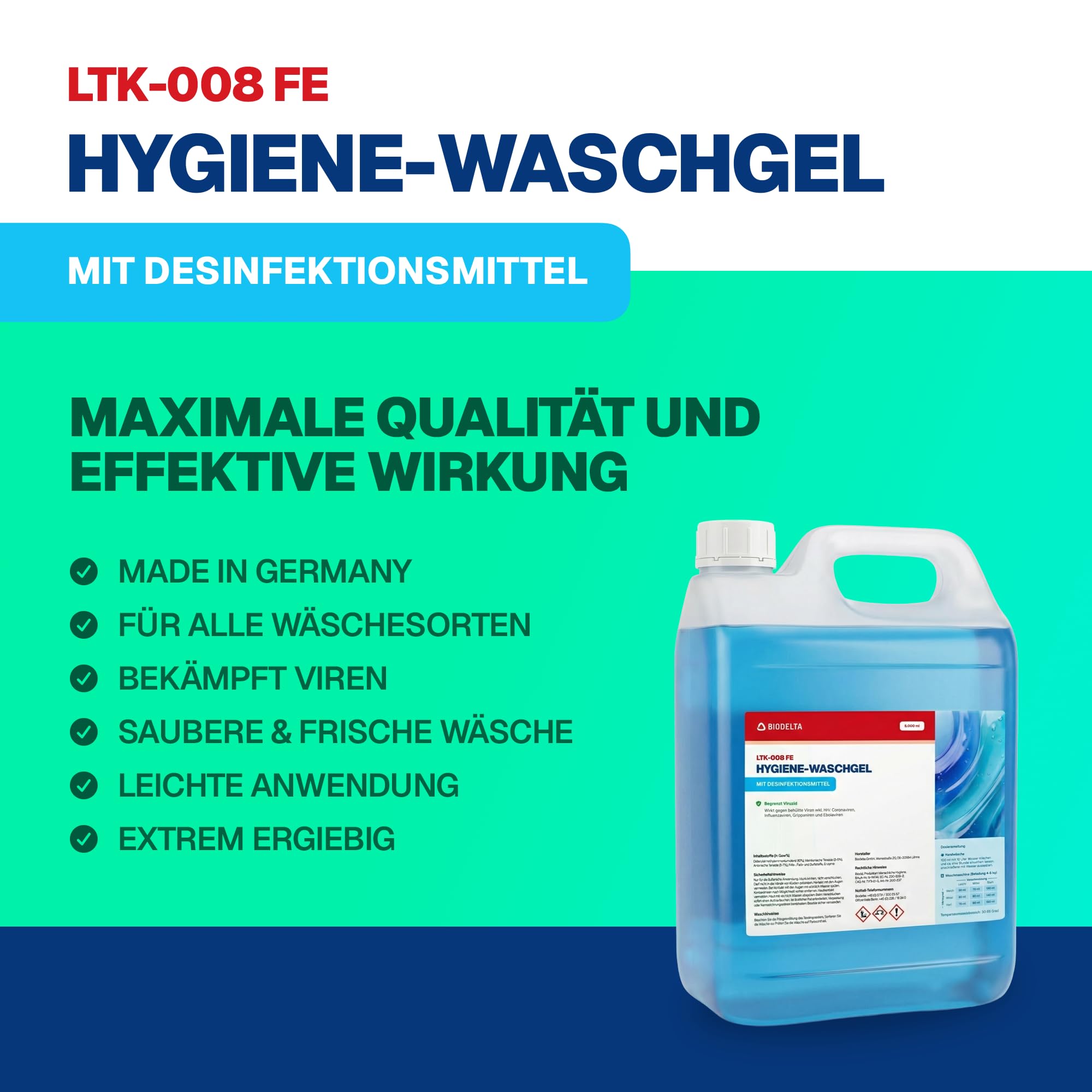 BioFormel LTK008 FE | Hygiene Waschmittel | Desinfektionswaschmittel | Wirkt desinfizierend für Ihre Kleidung | Konzentrat | Made in Germany (5L)