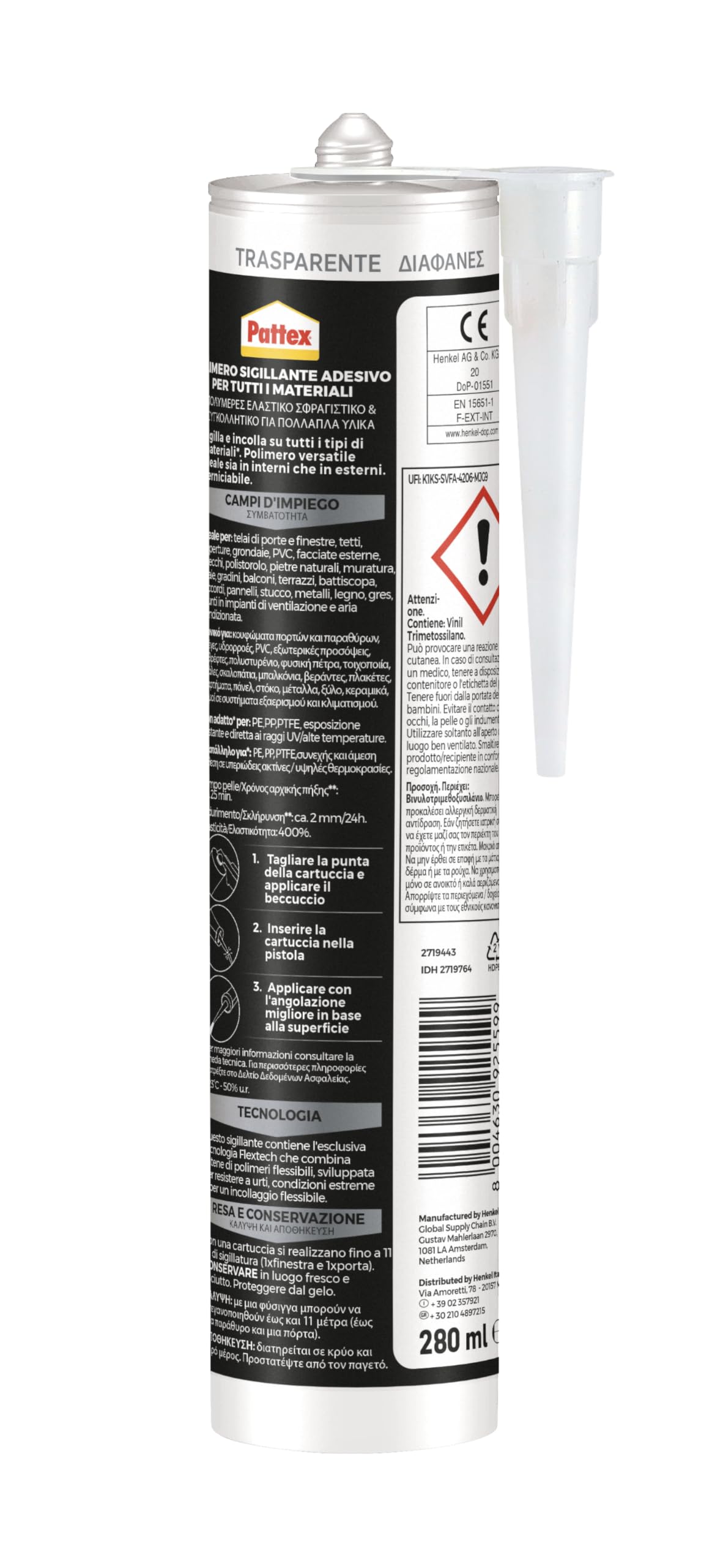 Pattex Flextreme, Sigillante Elastico, Per interni ed esterni, Multimateriale ad Elevate Prestazioni, Sigillante polimerico Trasparente, Cartuccia da 280ml