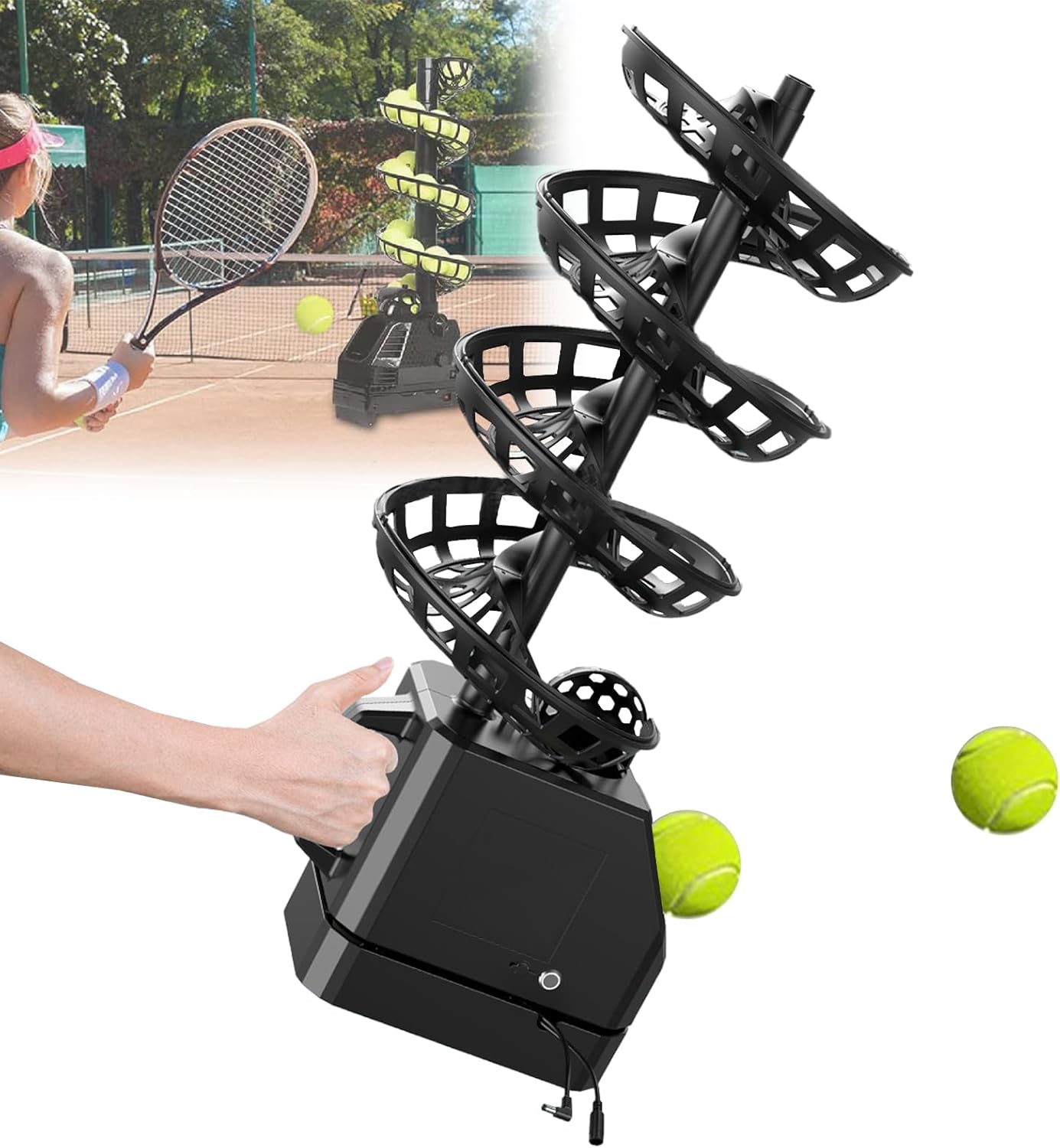 Tennis Ball Machine with Automatic Feeder – Holds 28 Balls, Adjustable Speed & Rotation, for Tennis & Padel Practice – Lightweight & Portable Training Tool