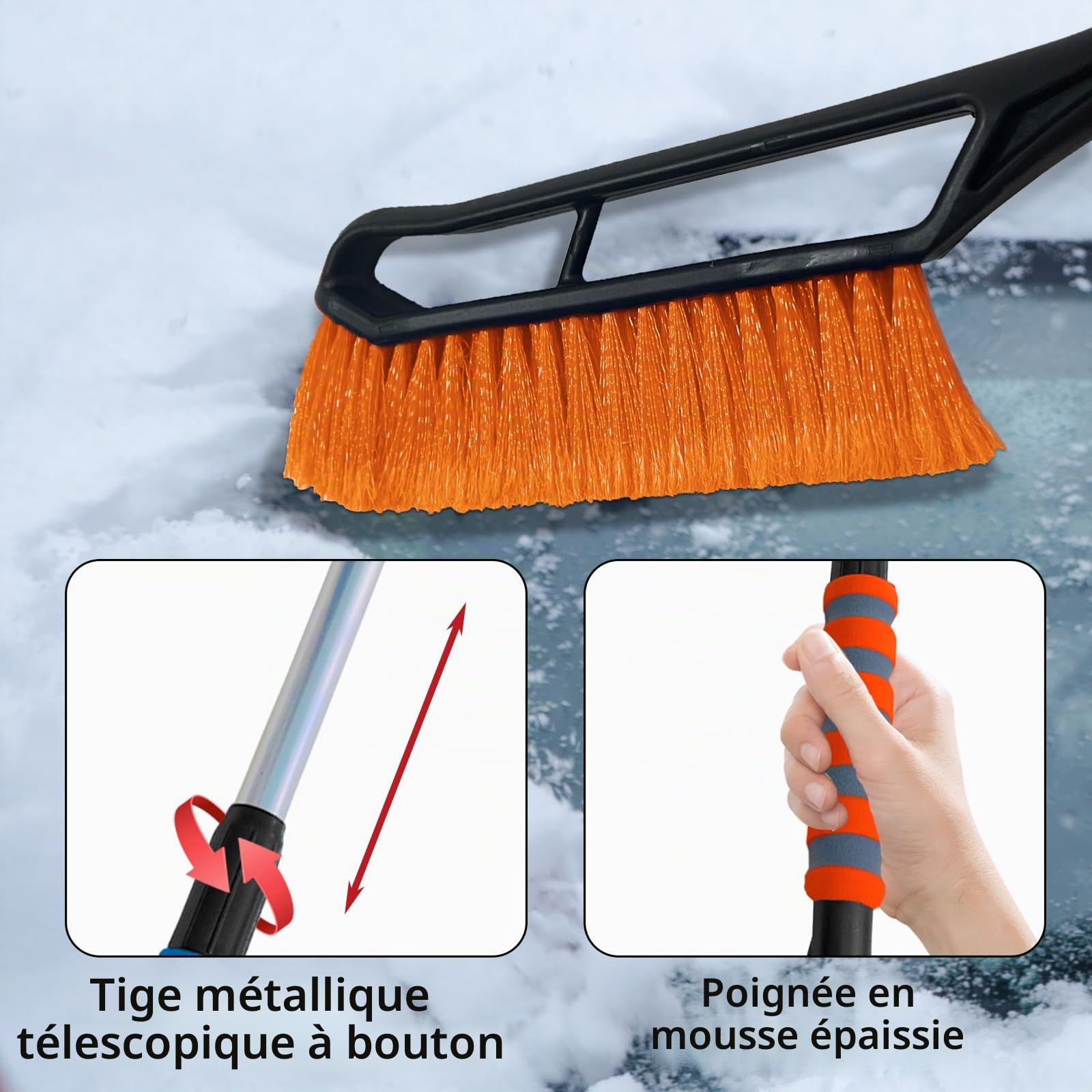 Grattoir Pare Brise Voiture Telescopique,2 en 1 Raclette Vitre Voiture Gratte Glace et Brosse à Neige avec Gant,Balai Neige Voiture,Dégivreur Pare Brise 78-93 cm (Orange)