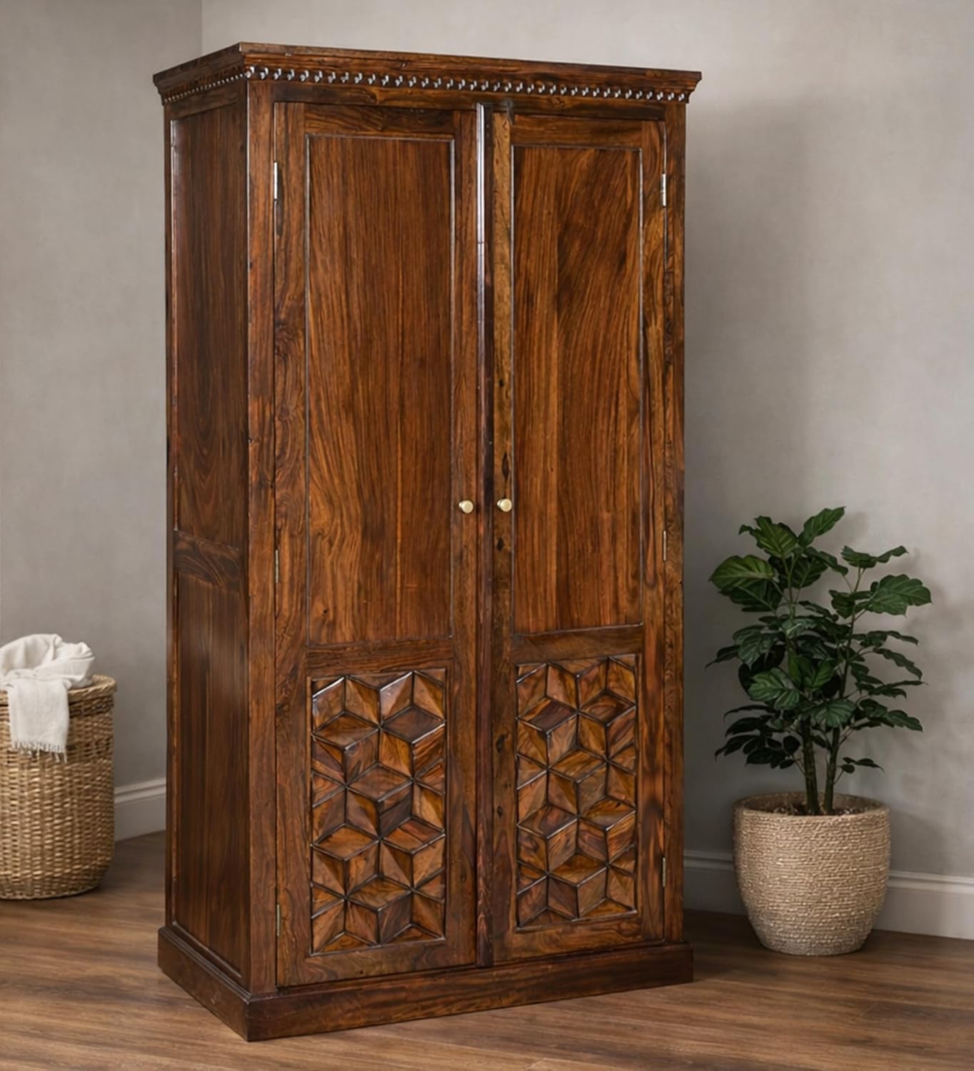 Solid Sheesham Wood Wardrobe with 2 Door and 2 Inside Drawers, Wooden Almirah for Clothes Storage, Bedroom Wardrobe with Hanging Space, Honey Finish Storage Cabinet for Home and Living Room-image-21