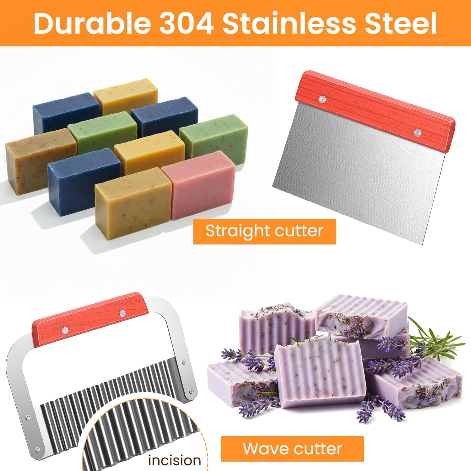 2 Pcs Rectangular Loaf Soap Molds Kit with Wooden Box, 42oz Flexible Silicone Mold, Stainless Steel Wavy & Straight Slicer Cutter for DIY Soap Making, Pink and Purple