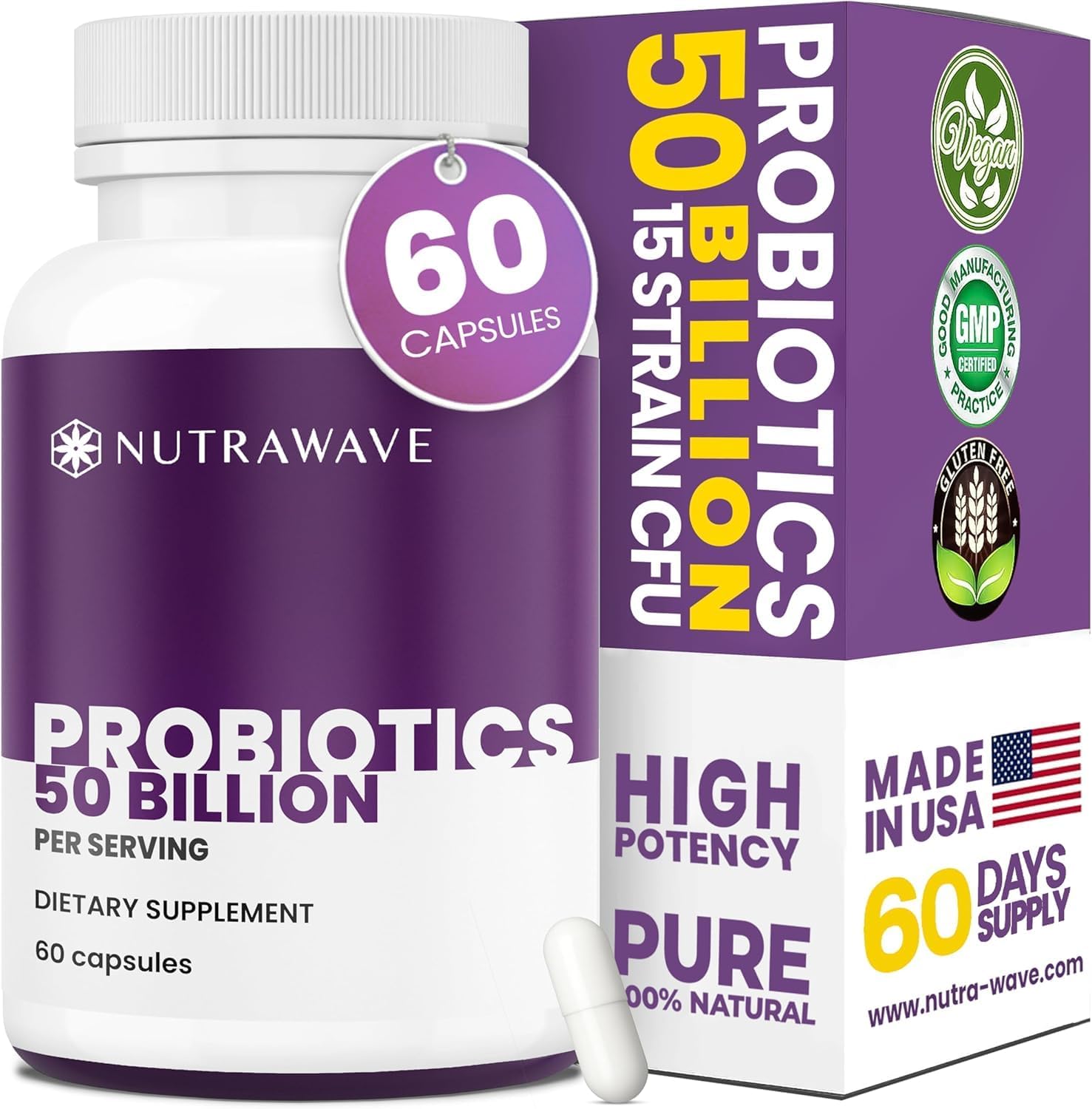 NEW Nutrawave 50 Billion Probiotics for Women & Men, 15 Strains Active Culture. Relieves Bloating & Constipation, Improved Digestion & Gut Health Supplement, Vegan. 60 Powerful Small Capsules.