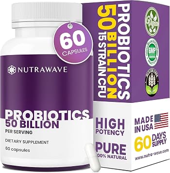 Nutra Wave 50 Billion Probiotics & Prebiotics for Women & Men 15 Strains Active Culture Supports Bloating, Constipation, Digestive & Gut Health Non-GMO, Shelf-Stable 60 Vegan Capsules