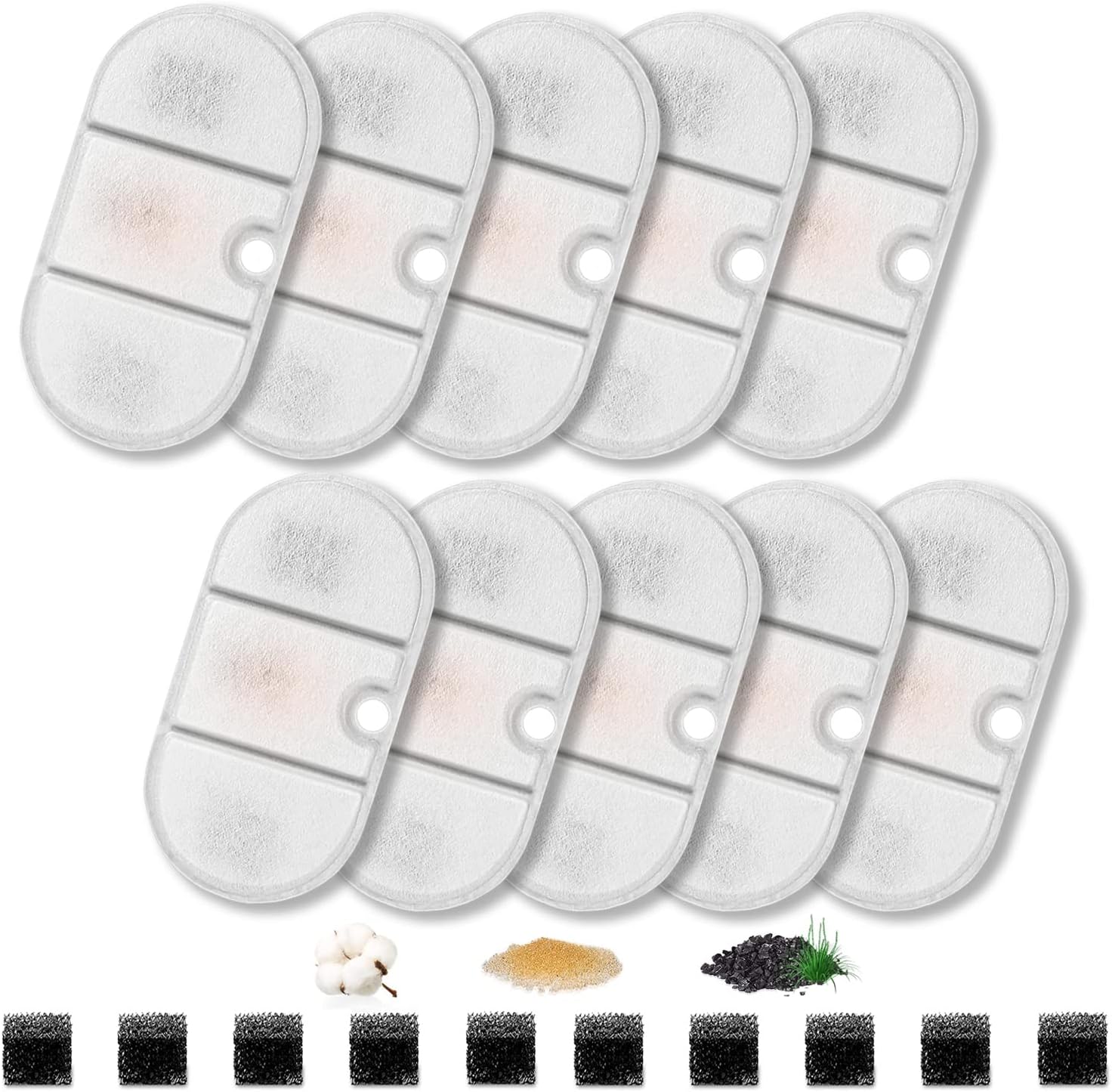 10 Set Replacement Filters for Drinking Fountain Cat Fountain 10 Pieces Carbon Filters and 10 Pieces Foam Filters for 2.1 L Cat Fountain  PLWF002 Replacement Filter with Resin and Activated Carbon