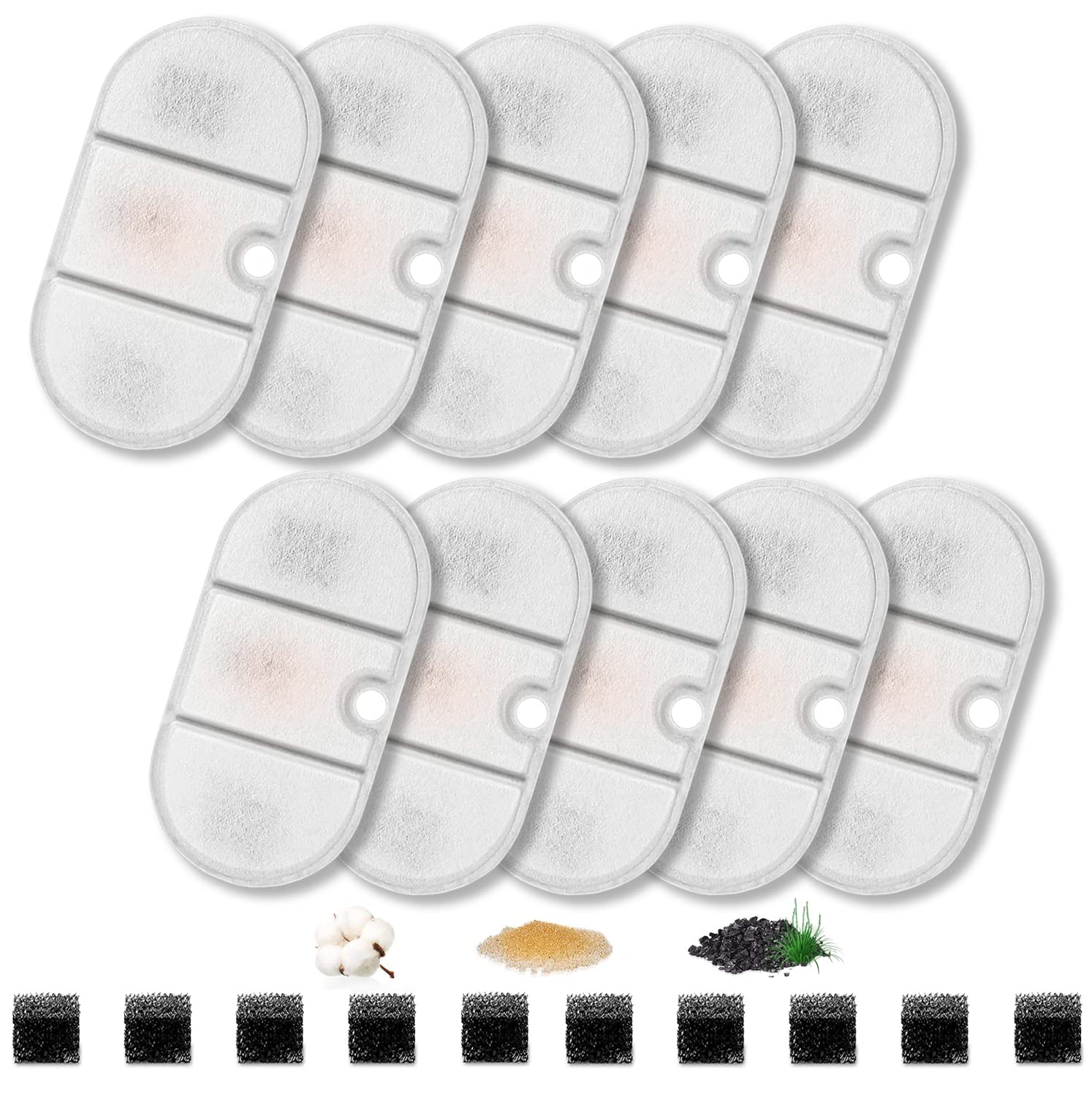 Hantoc10 Packs Cat Water Fountain Filters, Replacement Pet Water Fountain Filters 10pcs Activated Carbon Filter & 10pcs Foam Sponge for 2.1L Cat Fountain PLWF002 with Active Carbon