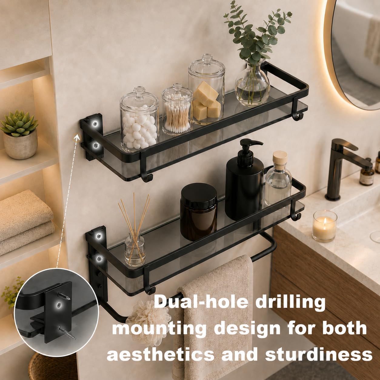 VOLPONE Estante de cristal para baño, estantes de baño de 15.7 pulgadas con toallero, estante de pared de baño con 4 ganchos extraíbles negro (2 niveles)