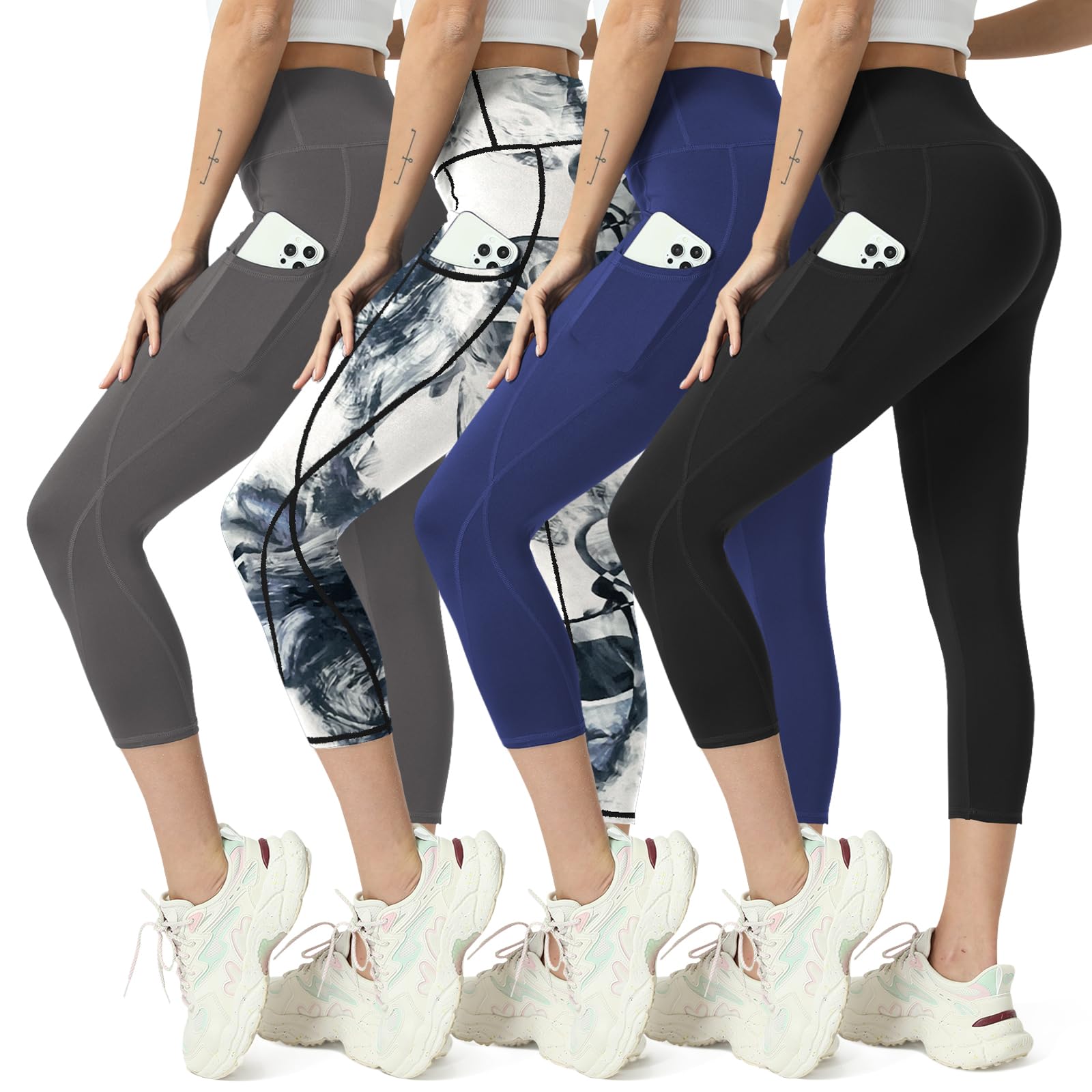 MaaGcc High Waisted Yoga Leggings for Women 4 Pack - Tummy Control Workout Capris with Pockets