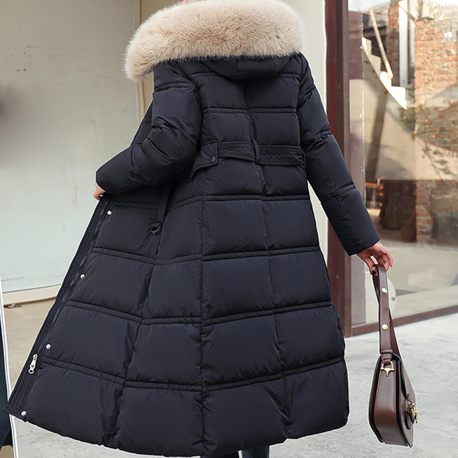Women's Winter Long down Jacket Coat with Belt Warm Puffy Jackets with Fur Hood Quilted Thickened Parka Padding Coat