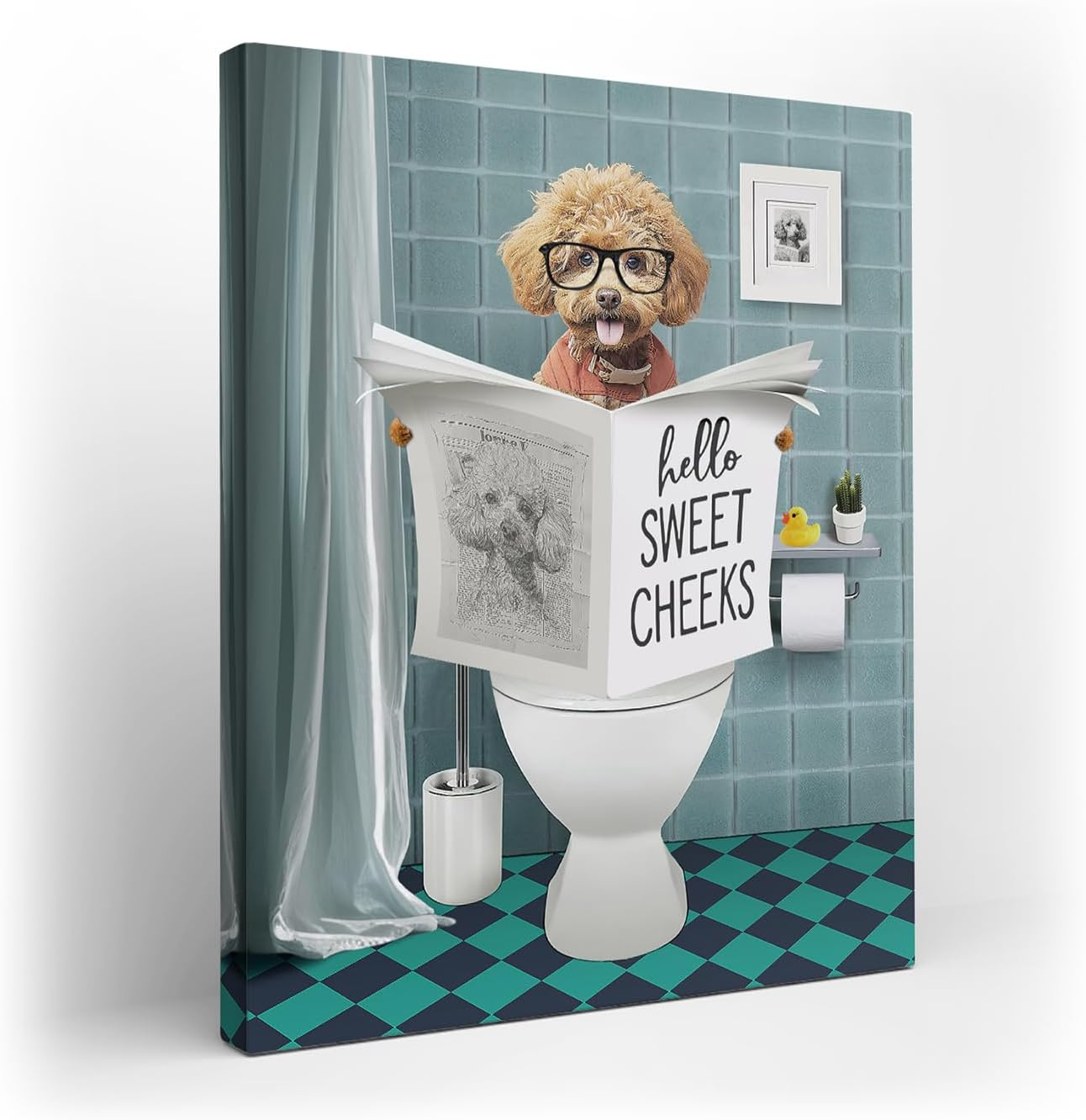 Dog Bathroom Decor Canvas Wall Art - Funny Dog Bathroom Print Painting - Modern Home Decor For Toilet - Framed Ready To Hang - 12x16 Inch