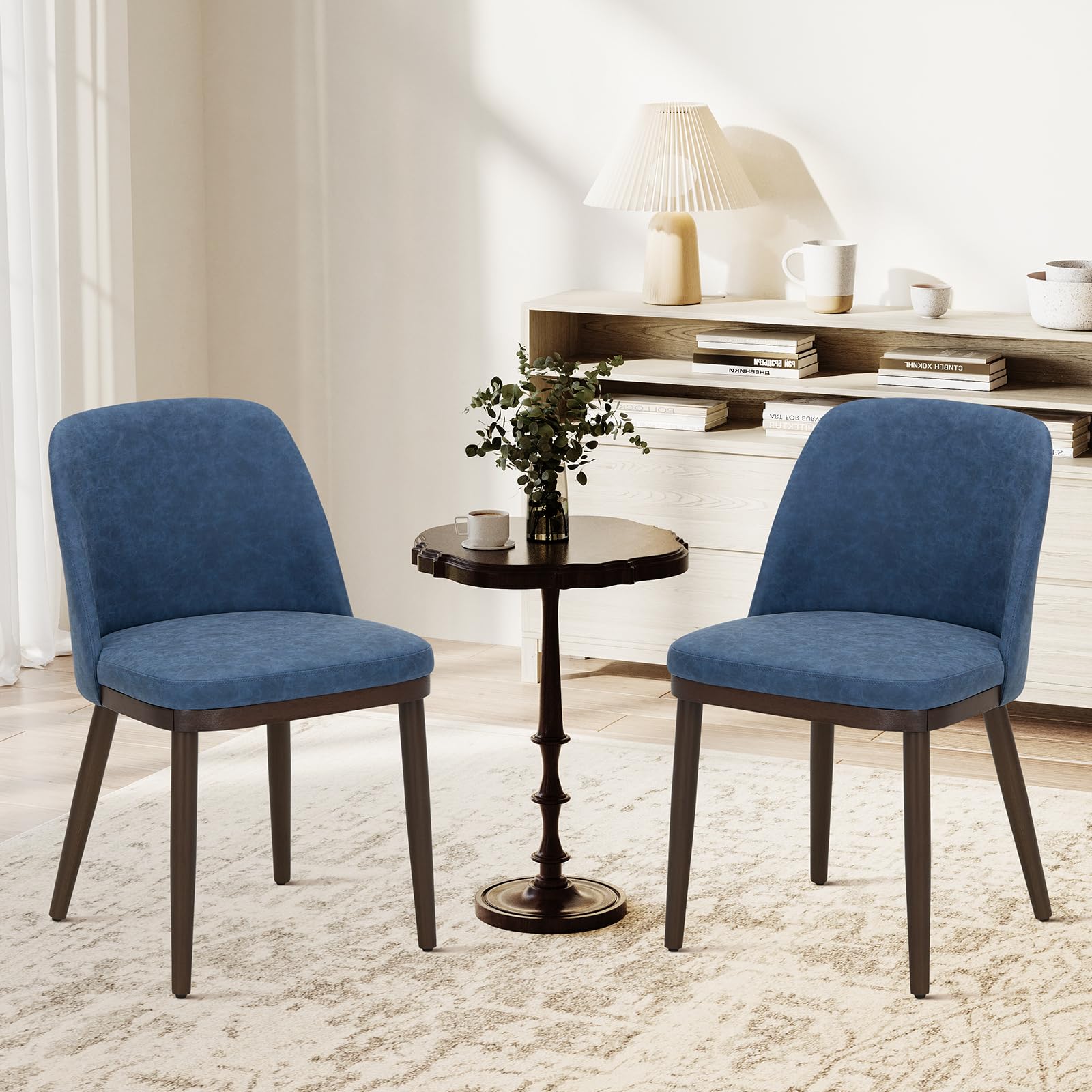 COLAMY Upholstered Dining Chairs Set of 2, Modern Kitchen Chairs with Back, Leather Side Dining Room Chairs with Wood Legs for Kitchen Dining Room Restaurant, Blue