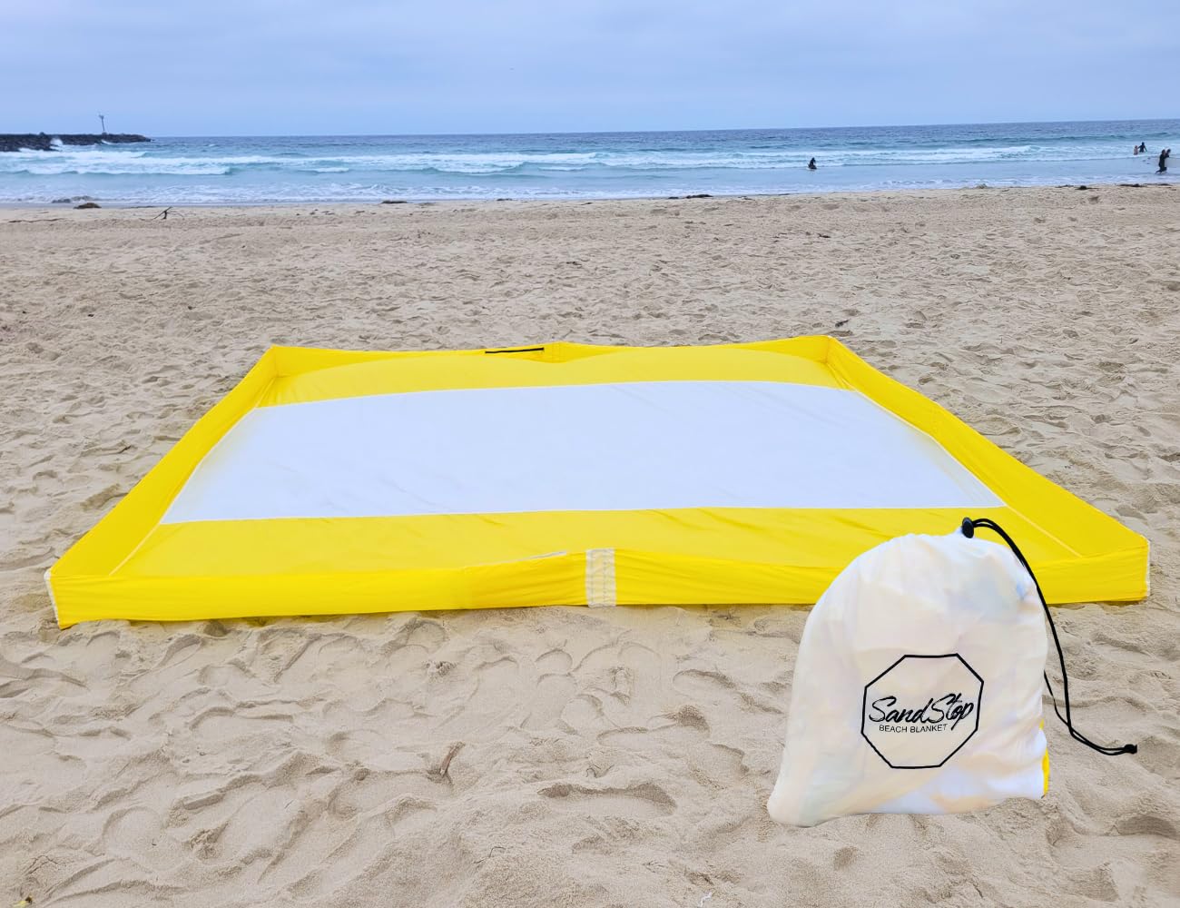 SandStop Beach Blanket, Very Large with Tall Walls to Keep Sand Out, Includes Zipper Pocket & 8 Stakes, Perfect for Beach, Park, Picnics, Lake, Camping