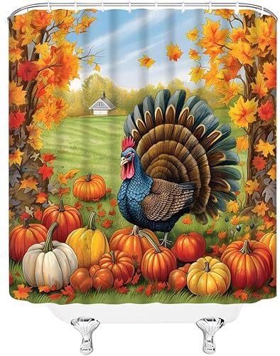 Miniatura 3 de Cortina de ducha de pavo para el día de Acción de Gracias, rústica, otoño, cosecha, calabaza, hojas de arce, granja, creativa, tela para decoración