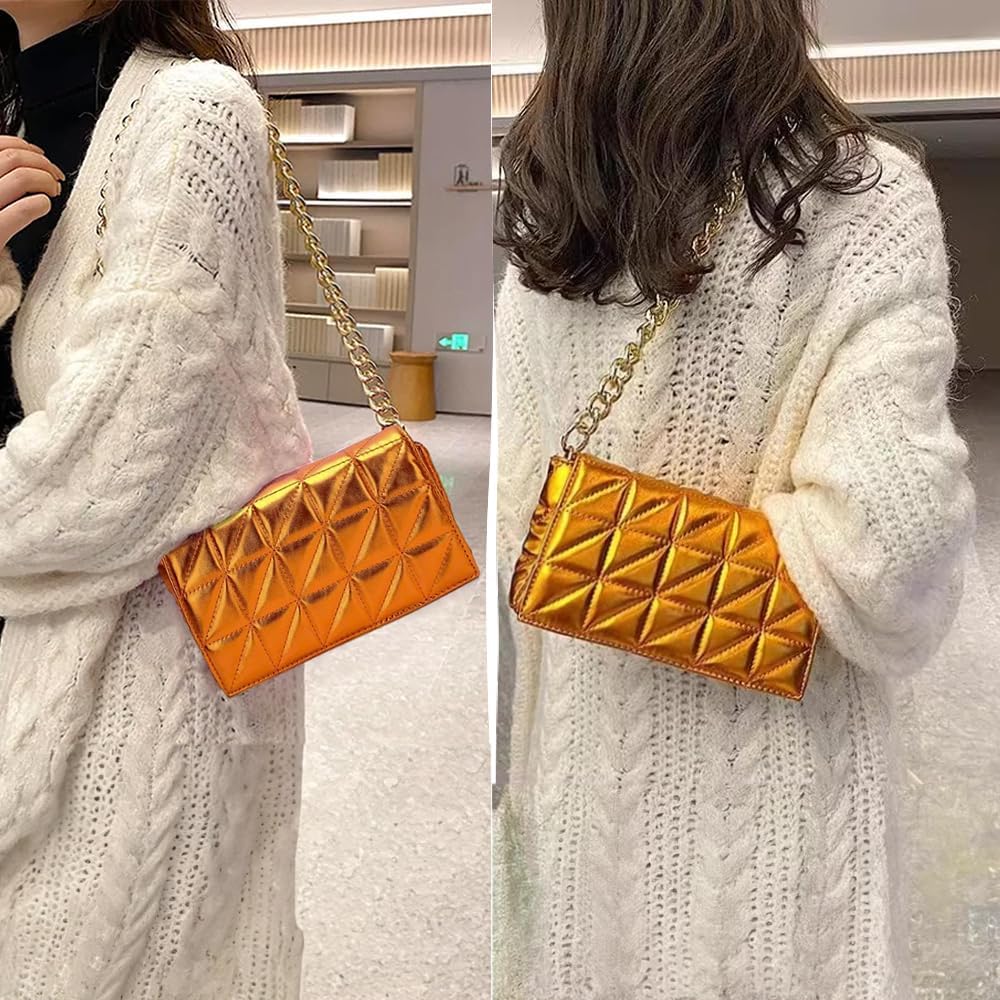 Small Metallic Glossy PU Leather Shoulder Bag Clutch Handbags for Women Fashion Chain Ladies Purse
