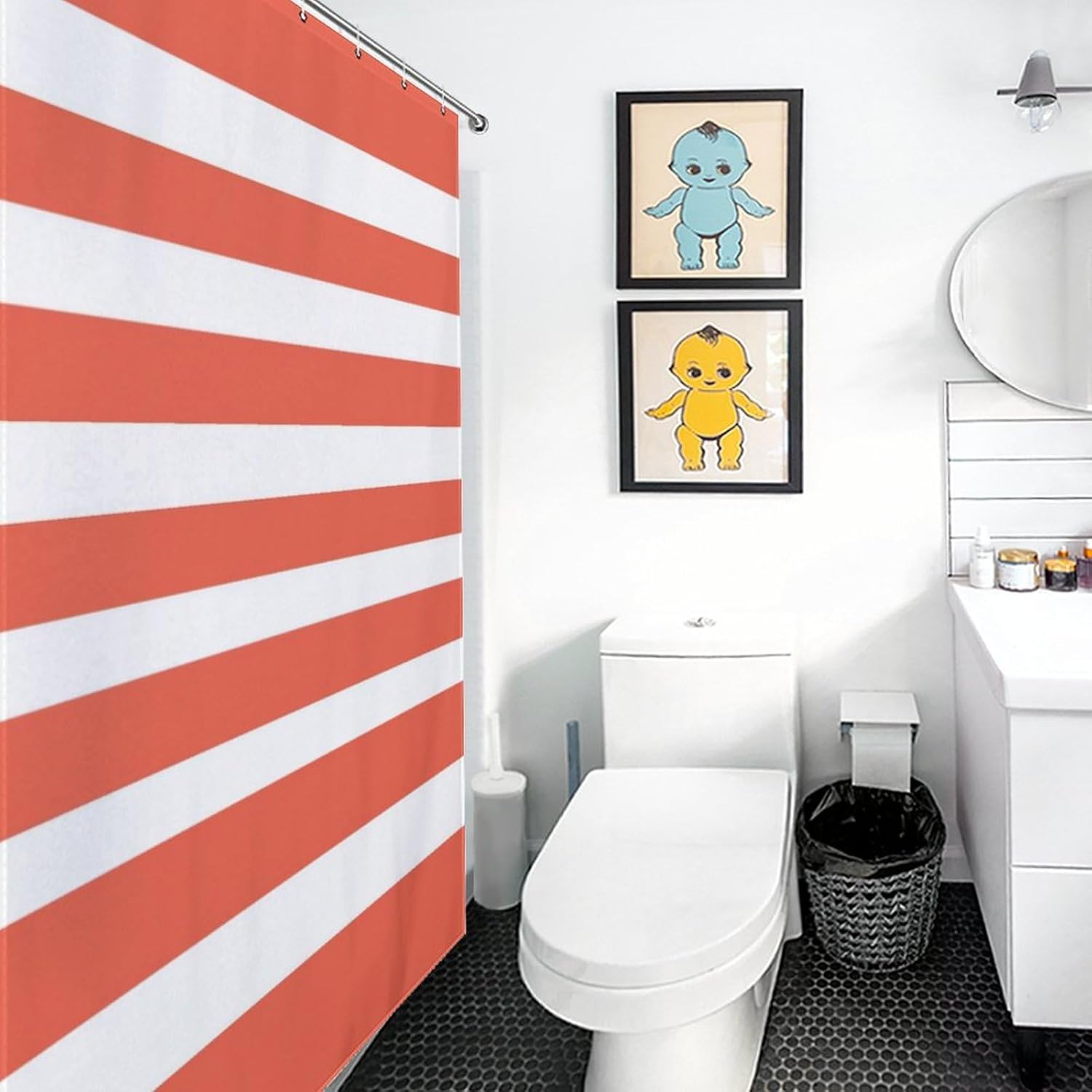Shower Curtain Liner Set, Classic Stripes Coral Red and White Waterproof Washable Fabric Shower Curtain for Bathroom Bathtub Decor 60 x 72inch
