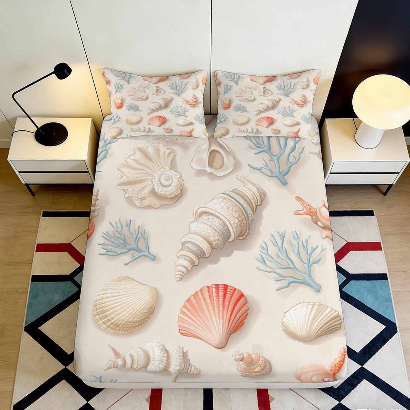 3D Printed Seashell Fitted Sheet Microfiber Soft Breathable Coral Mattress Cover for Bedroom Dormitory Guest Room Mattress Protection Decor 160x200x25cm
