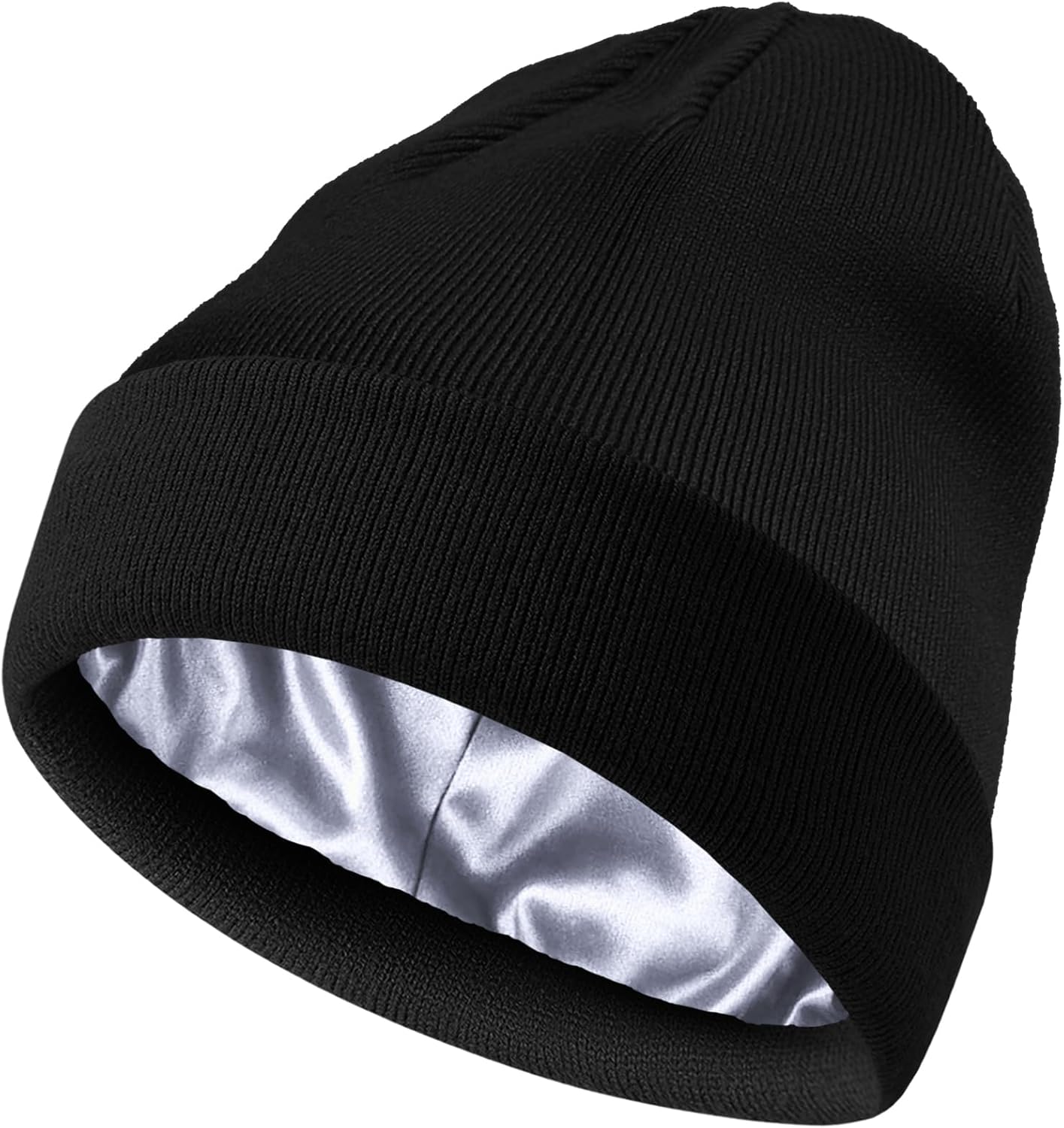 Satin Lined Beanie Hat for Women Men, Wool Knit Cuffed Silk Lining Fisherman Beanies Slouchy Warm Winter Hats Skull Cap