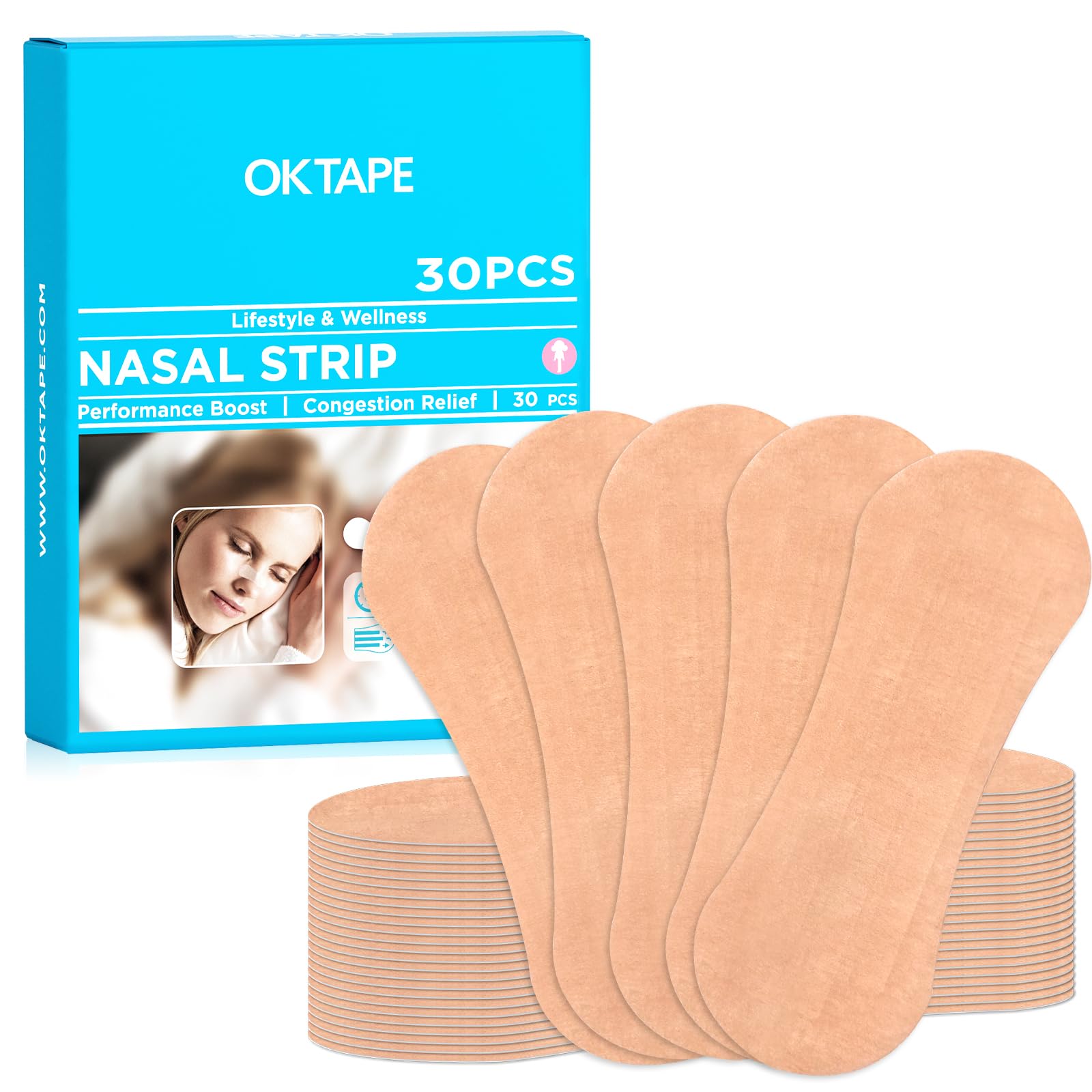 OK TAPE Nose Strips for Breathing and Snoring 30Pcs Beige Nasal Strips for Snoring and Running Performance Boost