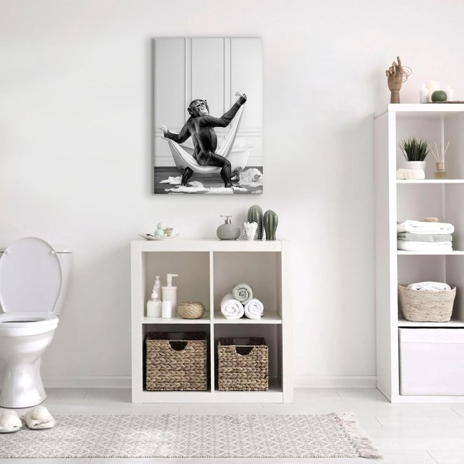 Funny Monkey Bathroom Canvas Wall Art Black And White Animal Paintings Pictures Wall Decor Monkey Bathing Poster Printing Artwork for Bedroom Bathroom 16x24in Framed