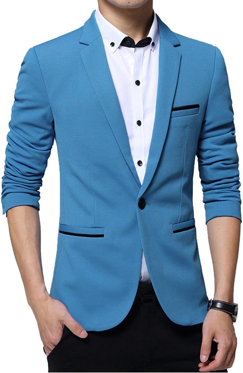 GopuneMen's Slim Fit Casual One Button Suits Coat Solid Blazer Business Jacket, Sky Blue, S