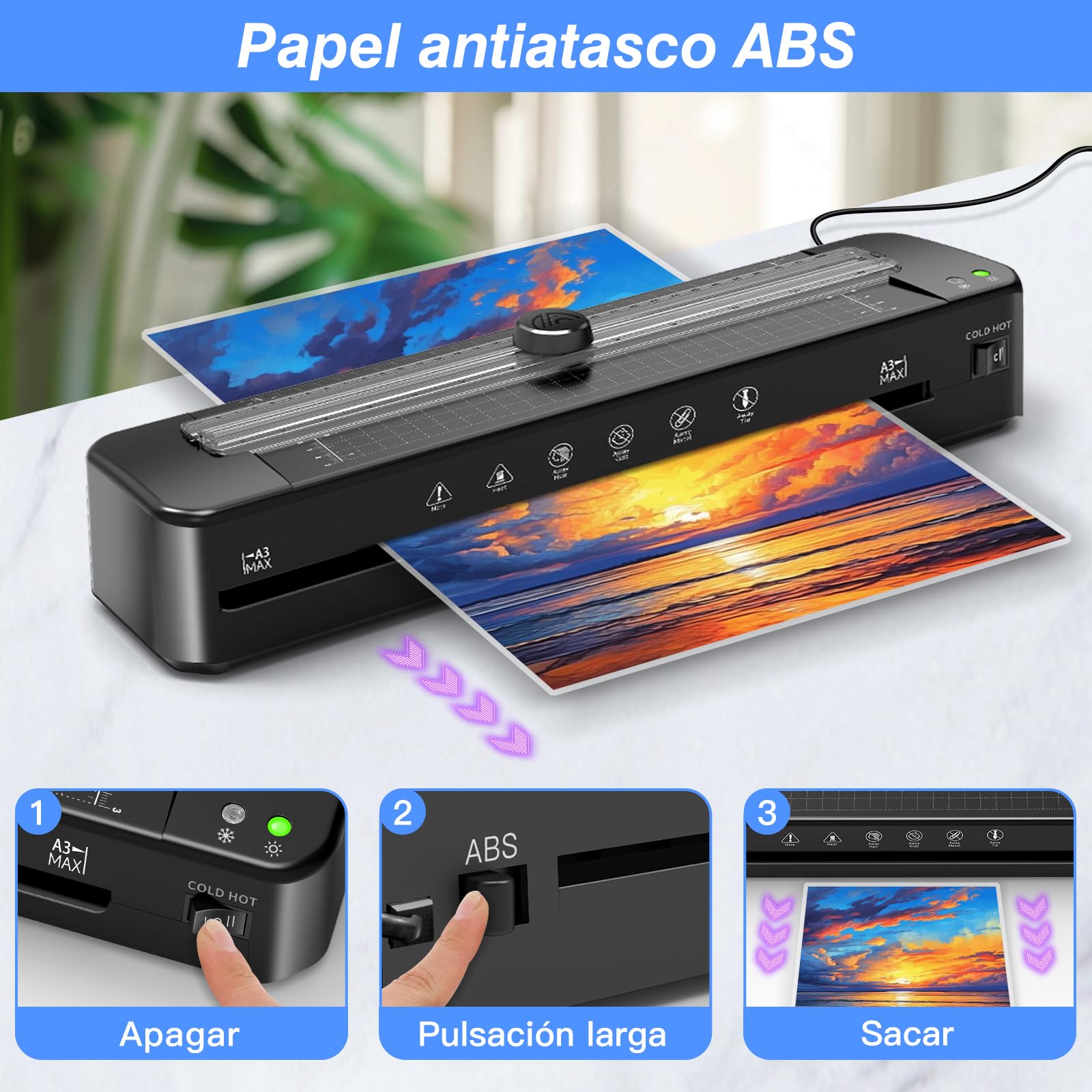 Plastificadora A3 con sistema antiatascos de ABS con 30 hojas para A3 A4 A5 A6 - Laminadora en frío versátil para oficina, hogar y escuela