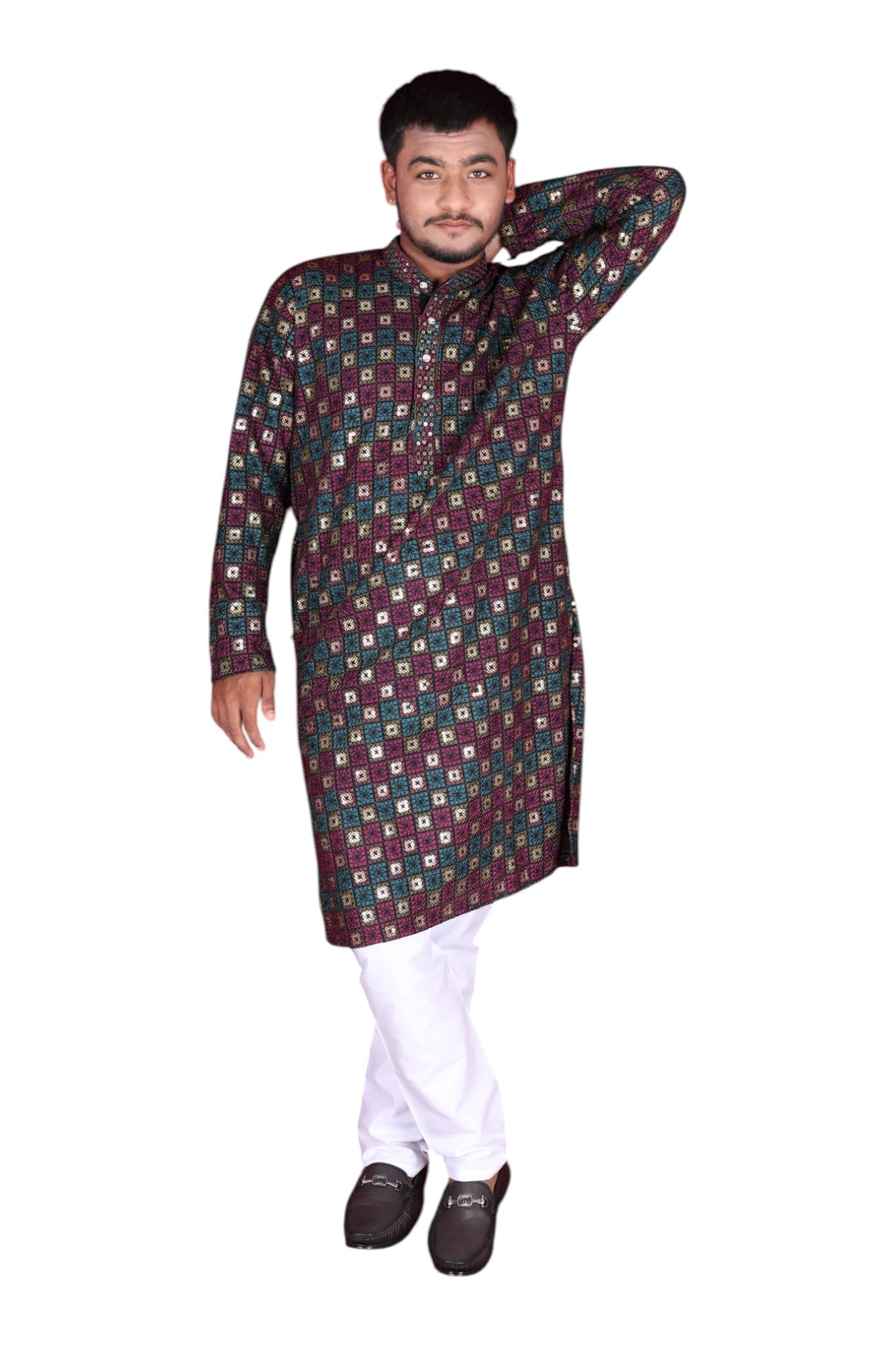 Men's Desi Style Floral Patterned Sartorial Long Kameez-picture-35