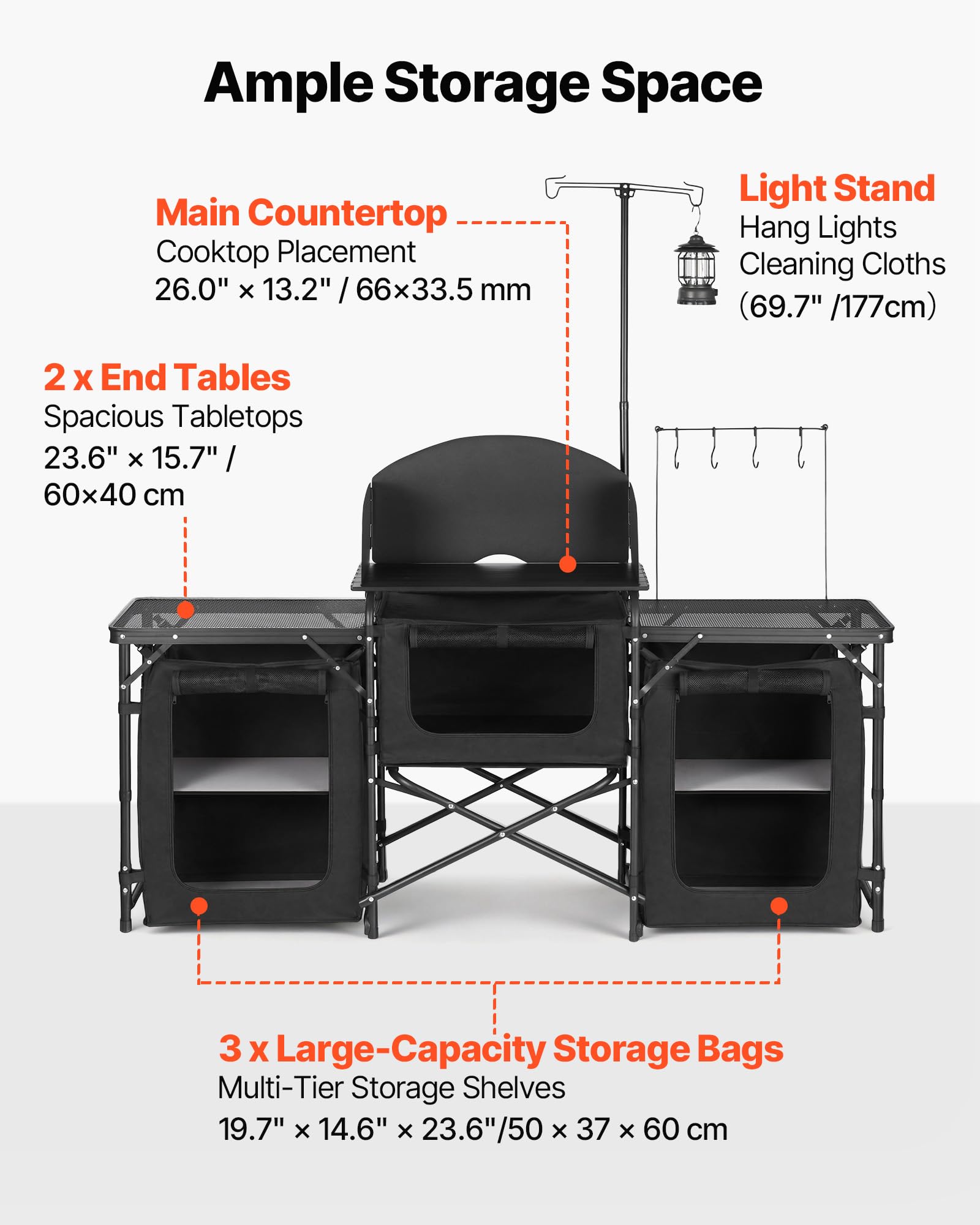 VEVOR Mobiletto Cucina Portatile Pieghevole da Campeggio, Mobiletto da Campeggio 2 Tavolini Laterali Rete Metallica Paravento Rimovibile per Fornello 3 Scomparti Portaoggetti, Stazione Cucina BBQ