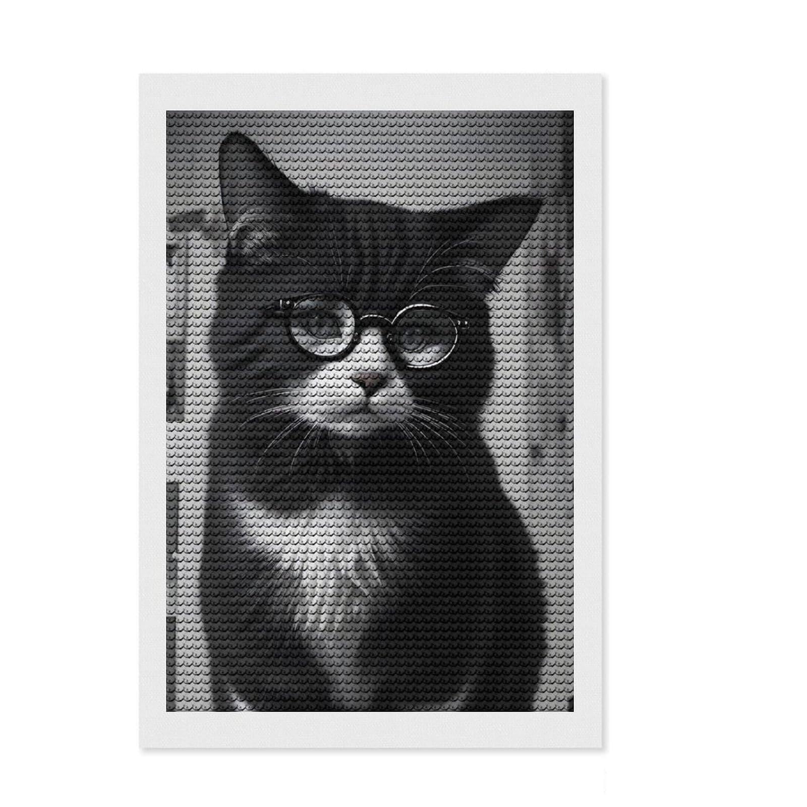 Junmoney Cat Glasses Funny DIY Diamond Art Canvas Kit 8"x12", for Adults, Enjoyable At-Home Hobby, Vintage Style Decor, Gift Idea