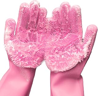 Silicone Dishwashing Gloves, Pet Grooming Rubber Scrubbing for Dishes, Sponge Wash Cleaning with Scrubbers (13.6" L)