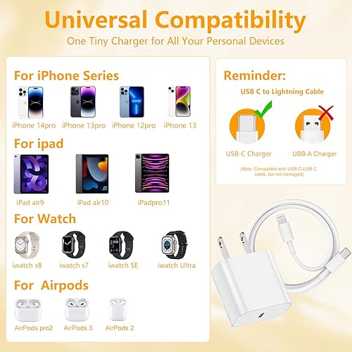 Miniatura 7 de Cargador de iPhone de carga rápida para iPhone 14 13 12, cargador de pared USB C de 20 W con cable Lightning tipo C para iPhone 131412 Pro Max