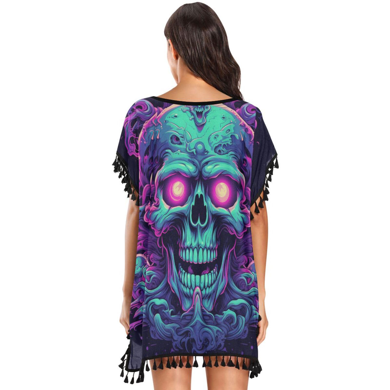 Debil Skull Abstract Art Women's Beach Cover Up Chiffon Tassel Swimwear Swimsuit Coverups for Girl